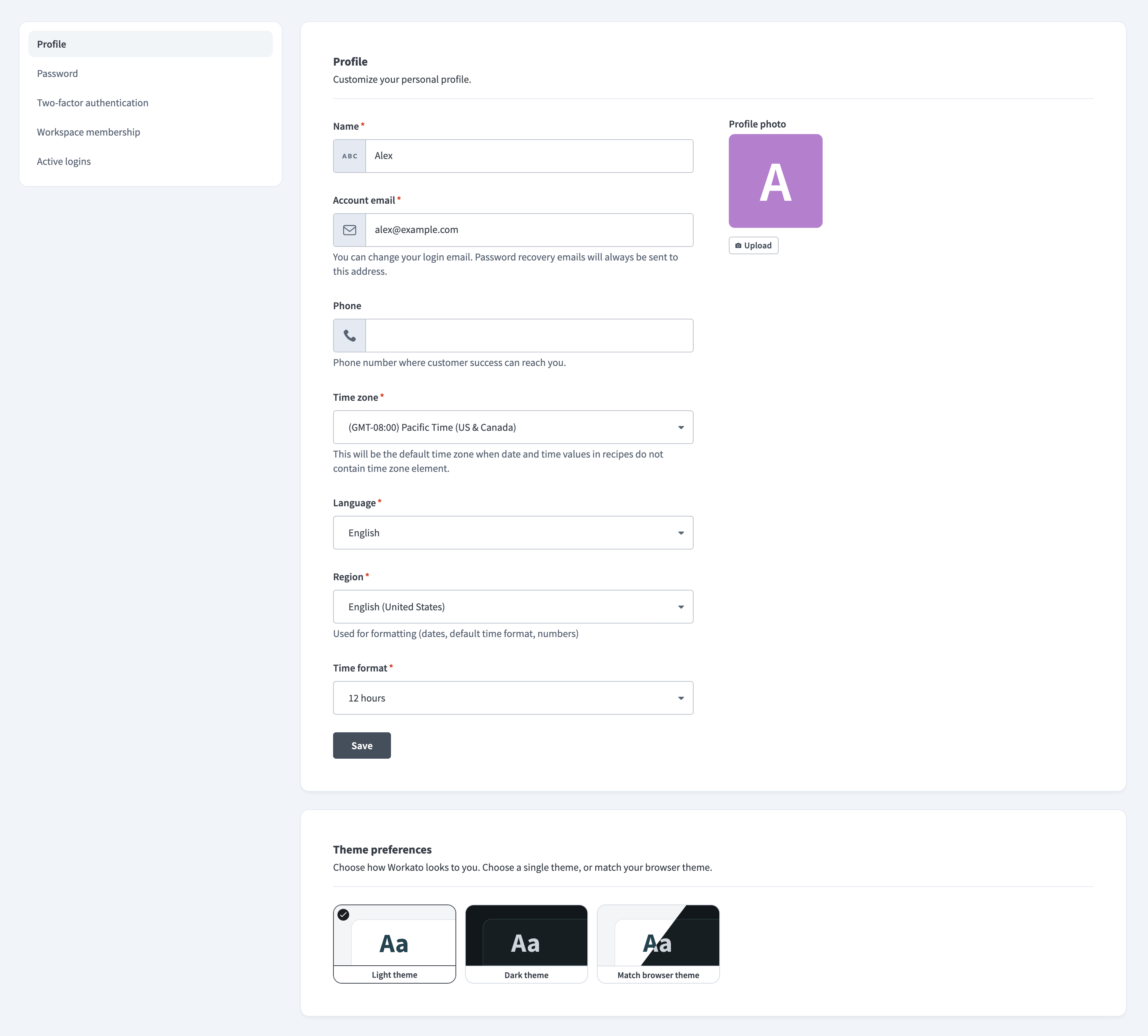 Profile settings page