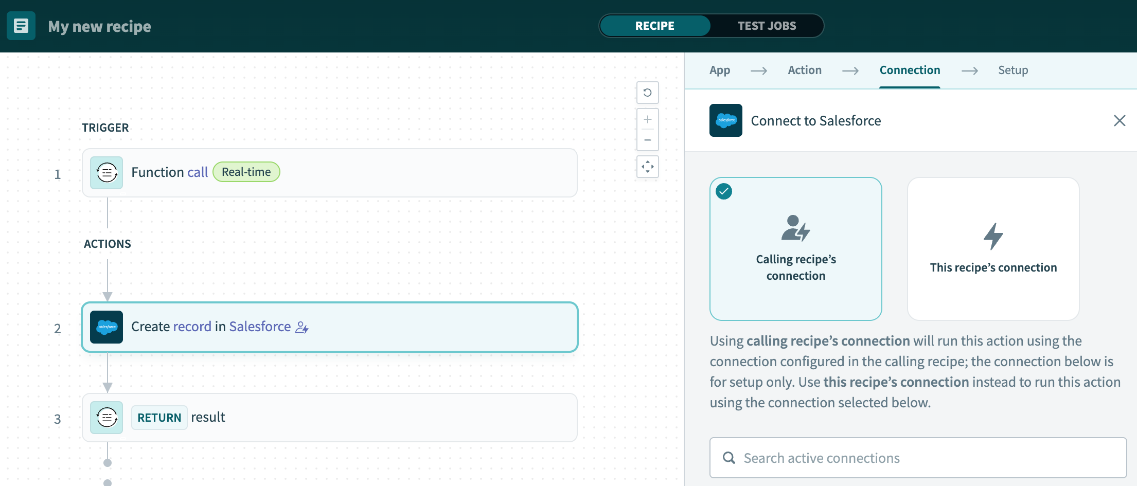 Configure runtime user connections in recipe functions
