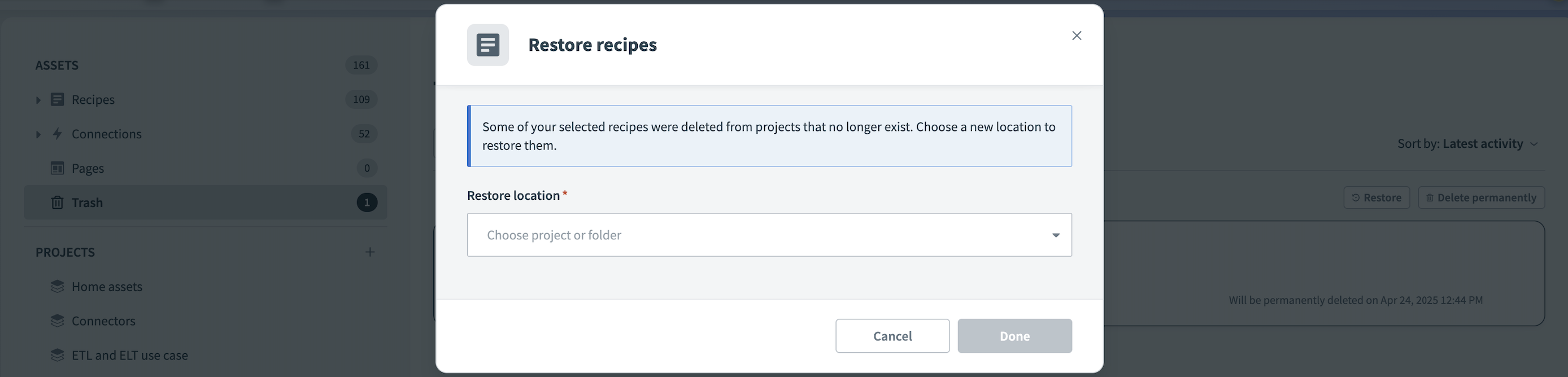 Restore deleted recipe
