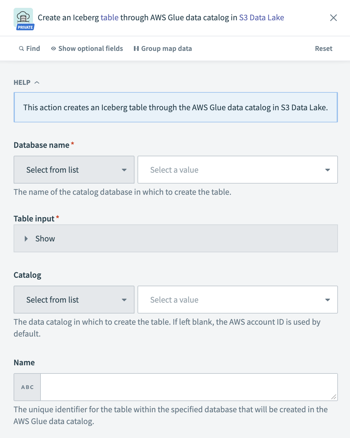 S3 Data Lake – Create table action