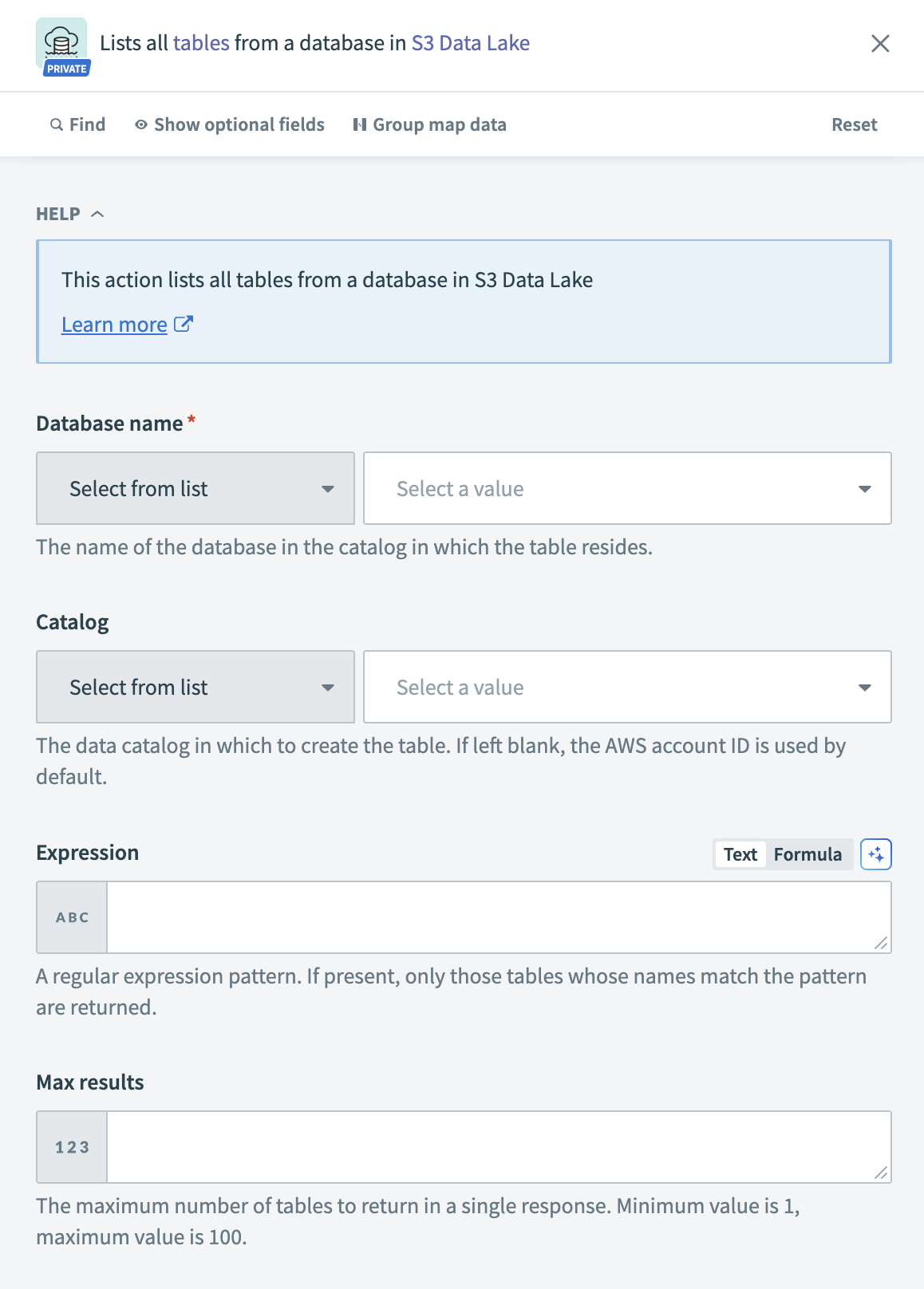 S3 Data Lake – List tables action