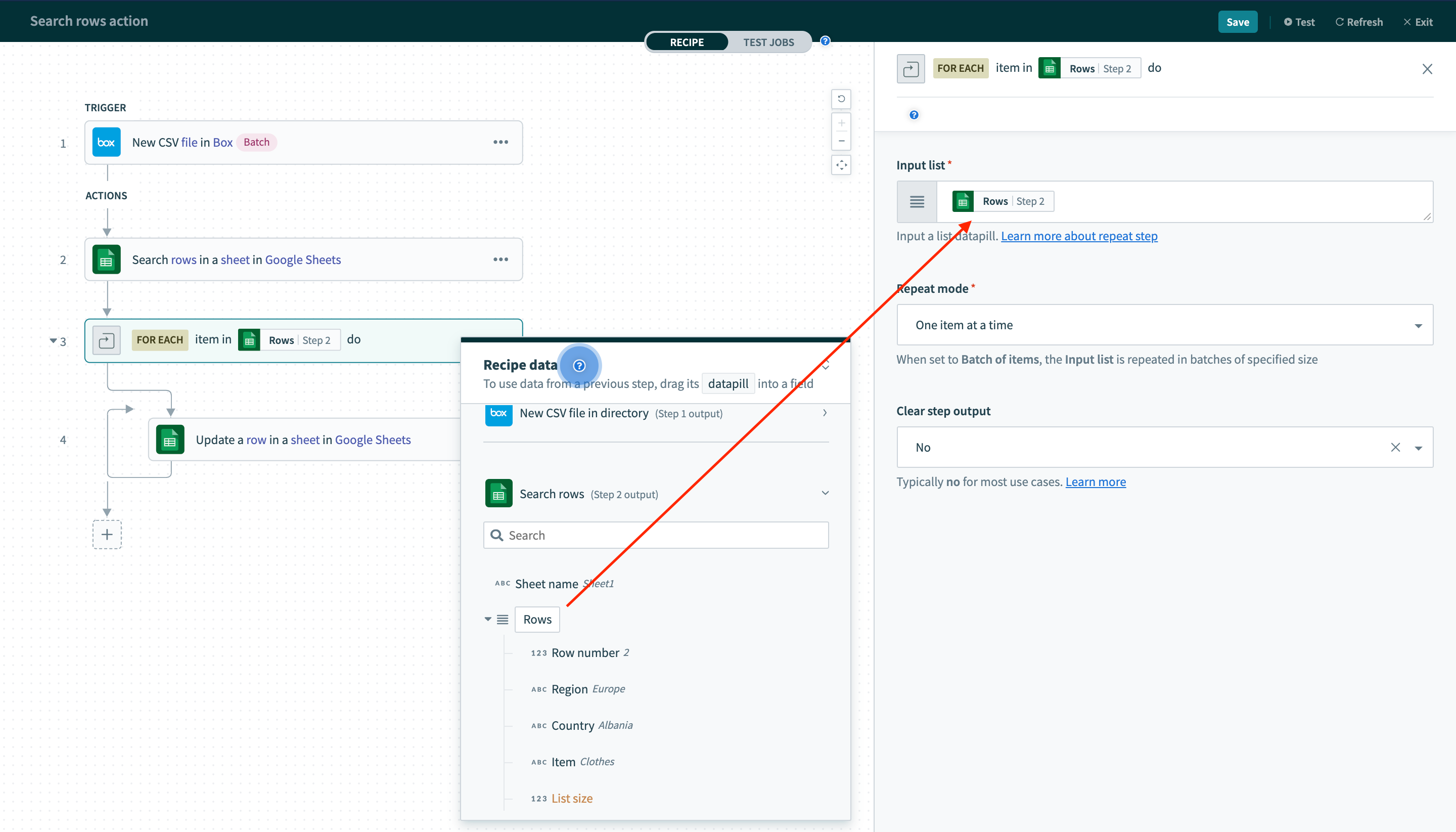 Configure the Repeat for each action
