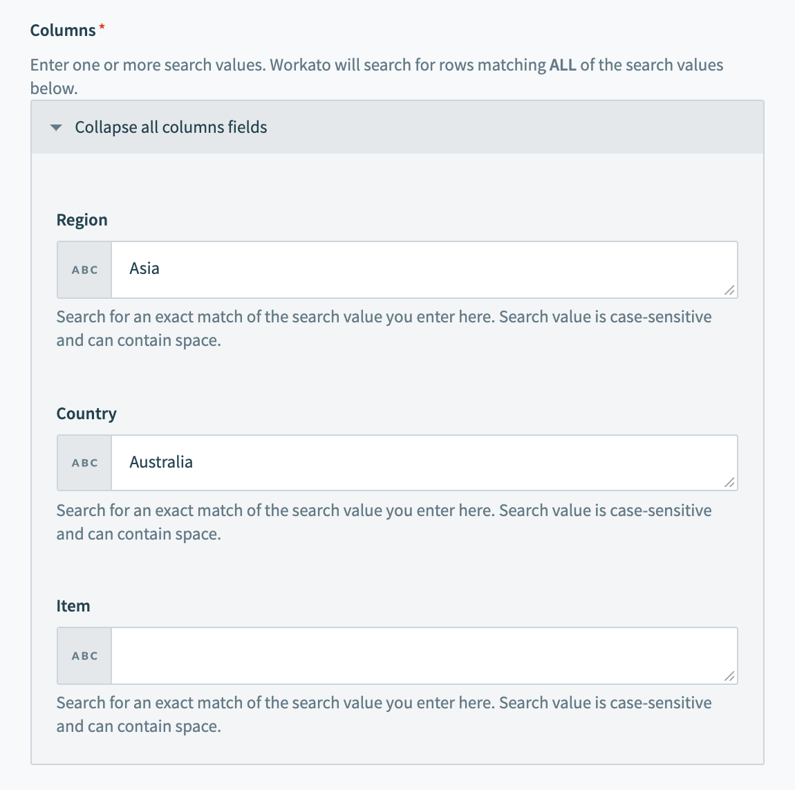 Configure the Search rows action