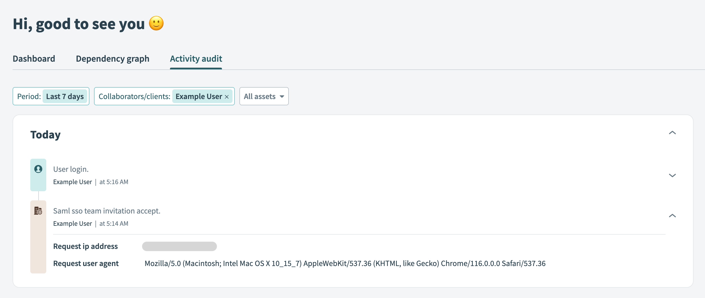 Activity audit log showing that a user has accepted an invitation