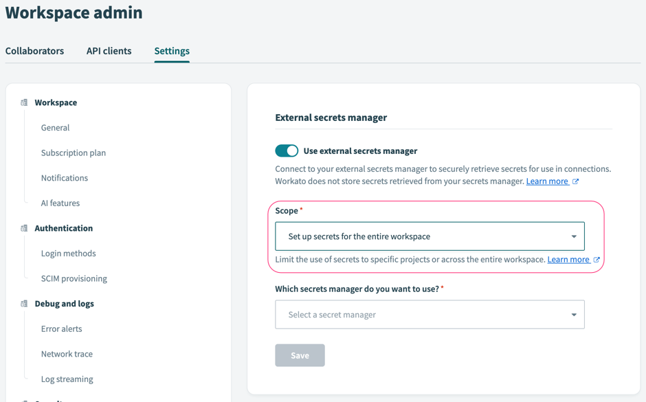 Set up secrets management for the entire workspace