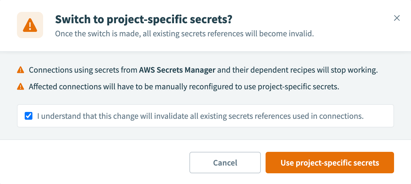 Workato secrets management, confirm project level