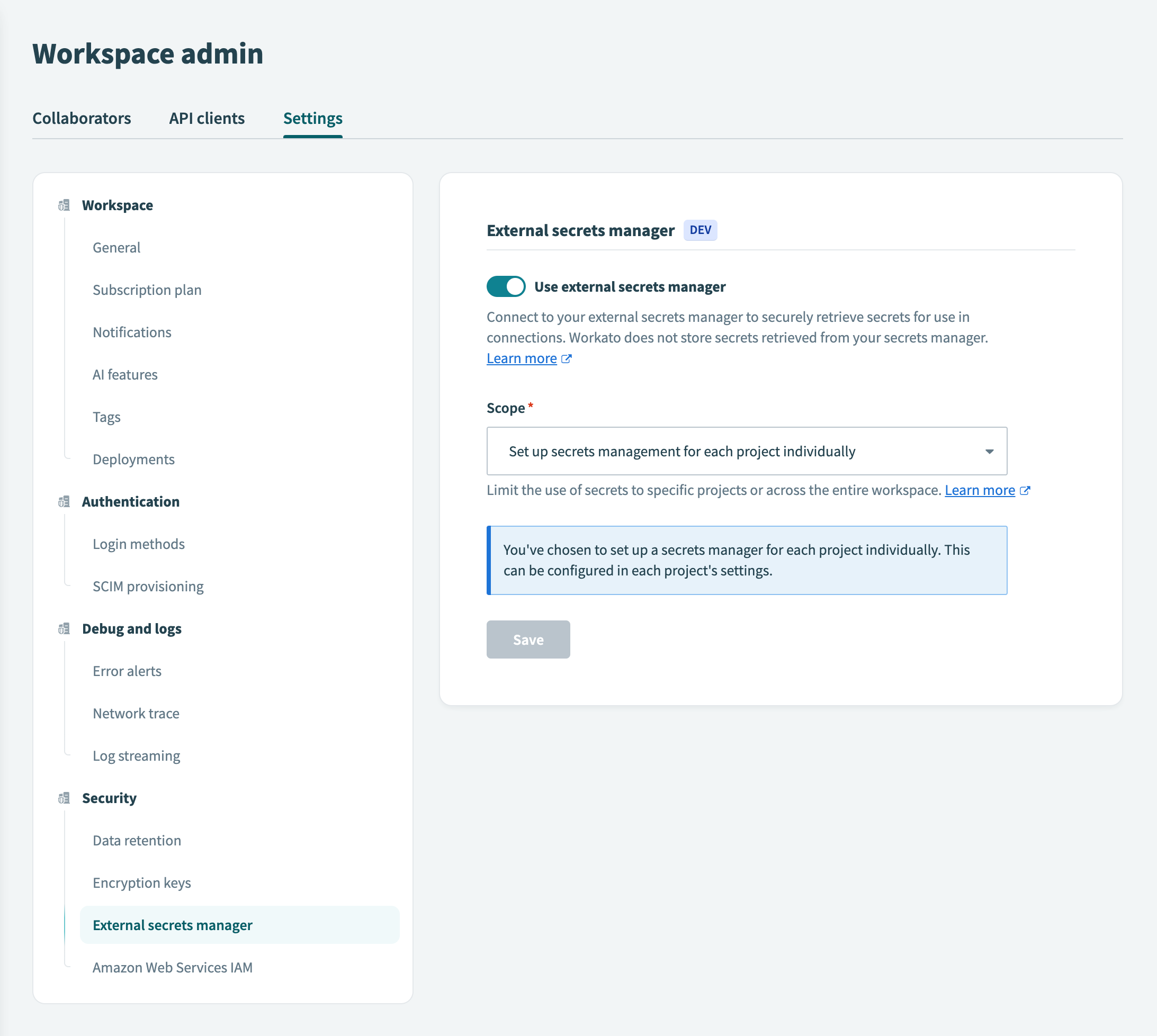 Workato secrets management, selecting project scope