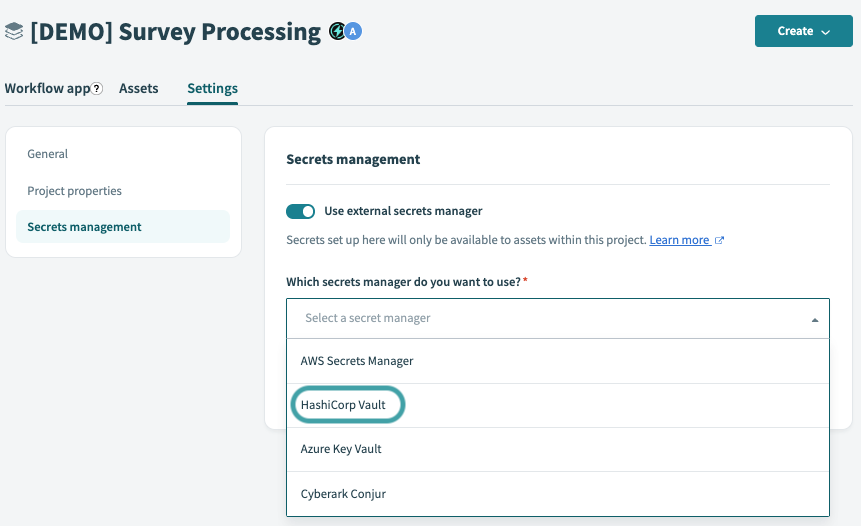 Secrets management interface of a project