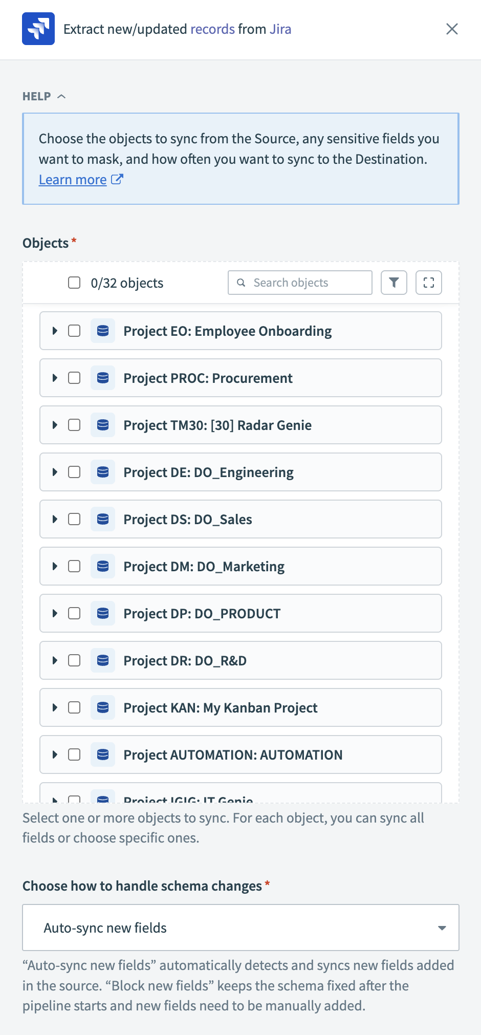 Select objects to sync