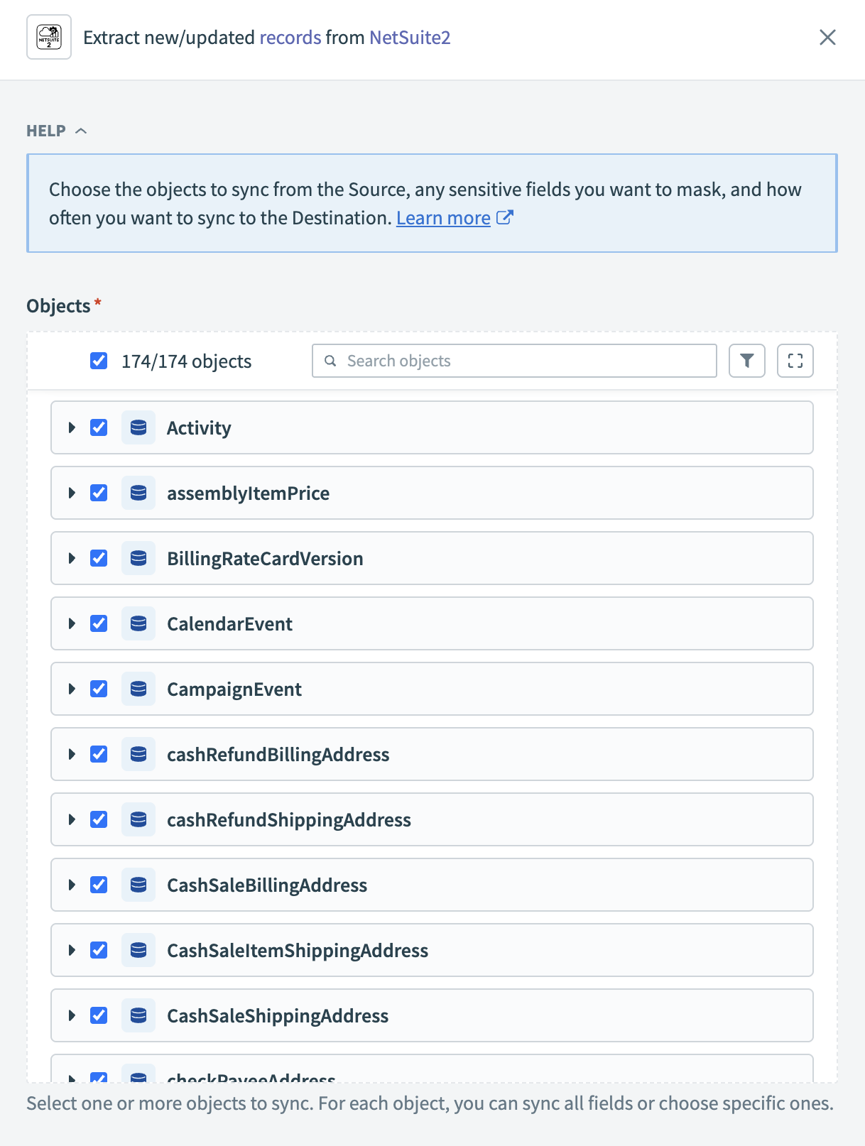 Select objects to sync