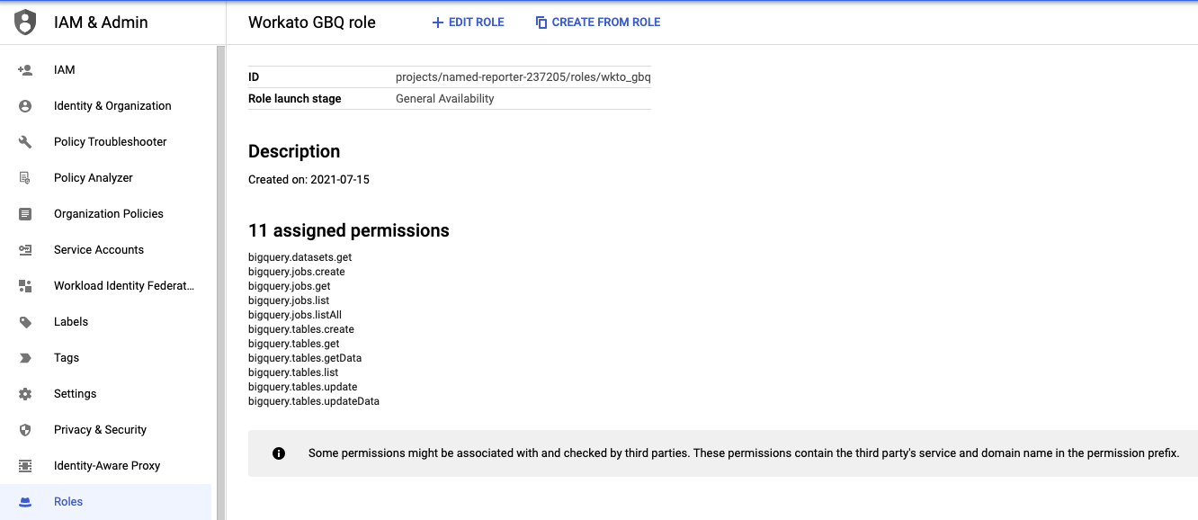 Google BigQuery custom role with 11 assigned permissions