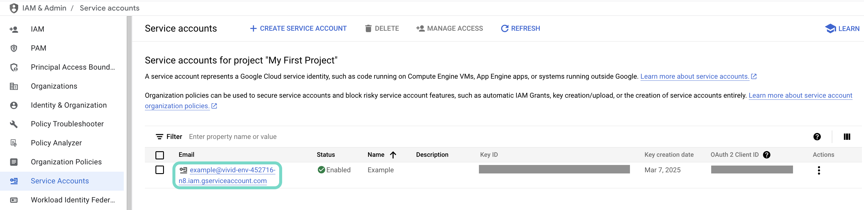 Click the email of the service account you intend to use.
