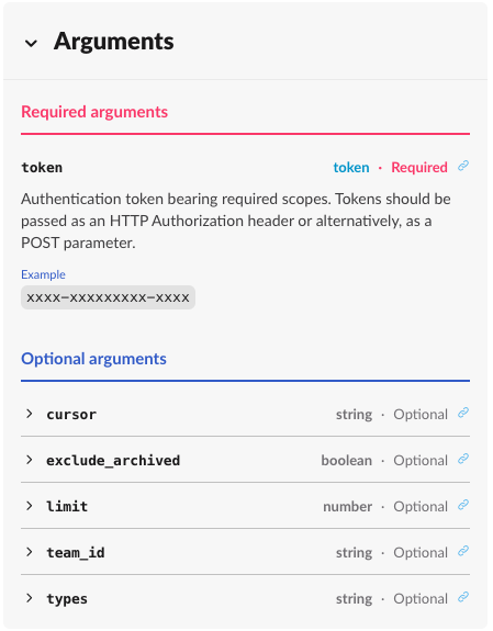 Slack API documentation on arguments for list conversations endpoint