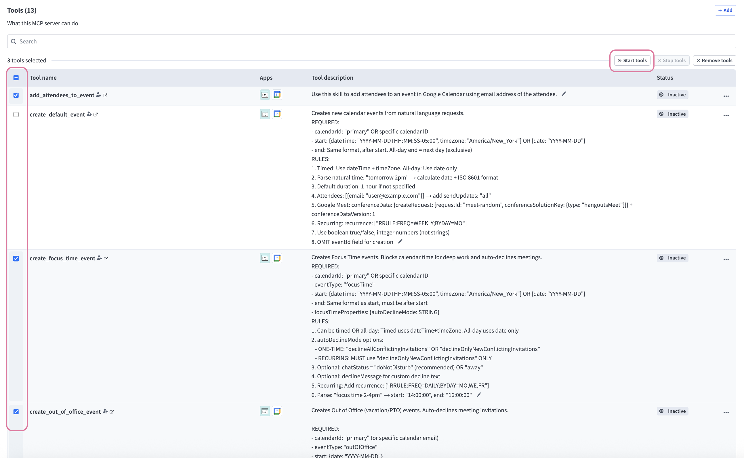 Select the checkboxes for the tools you plan to start
