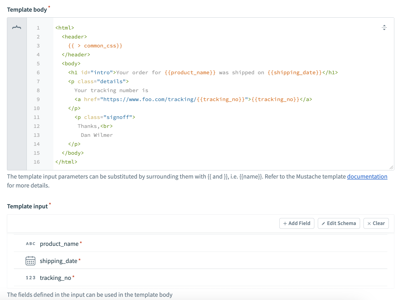 HTML template with variable substitution 