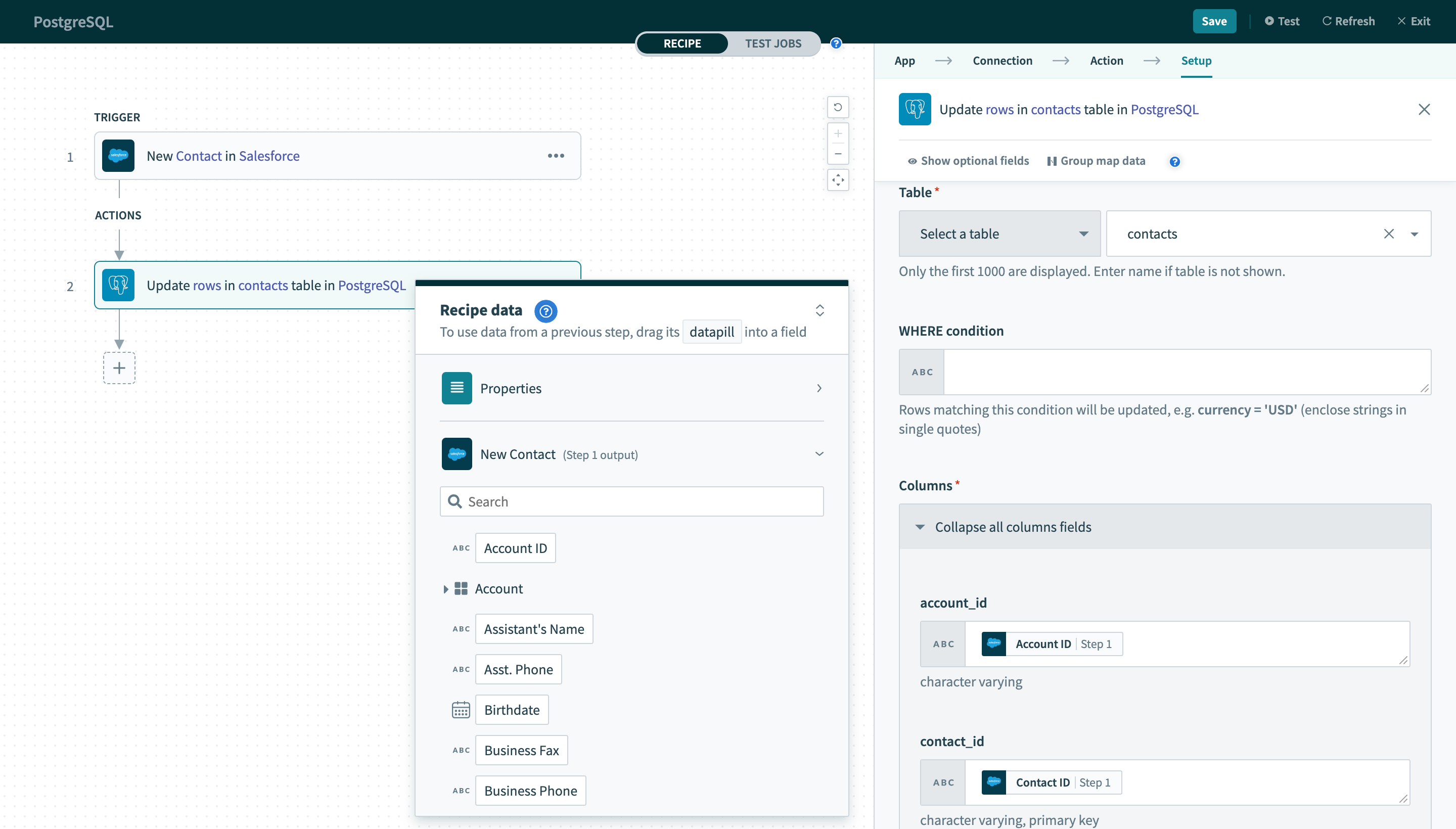 Update rows アクション