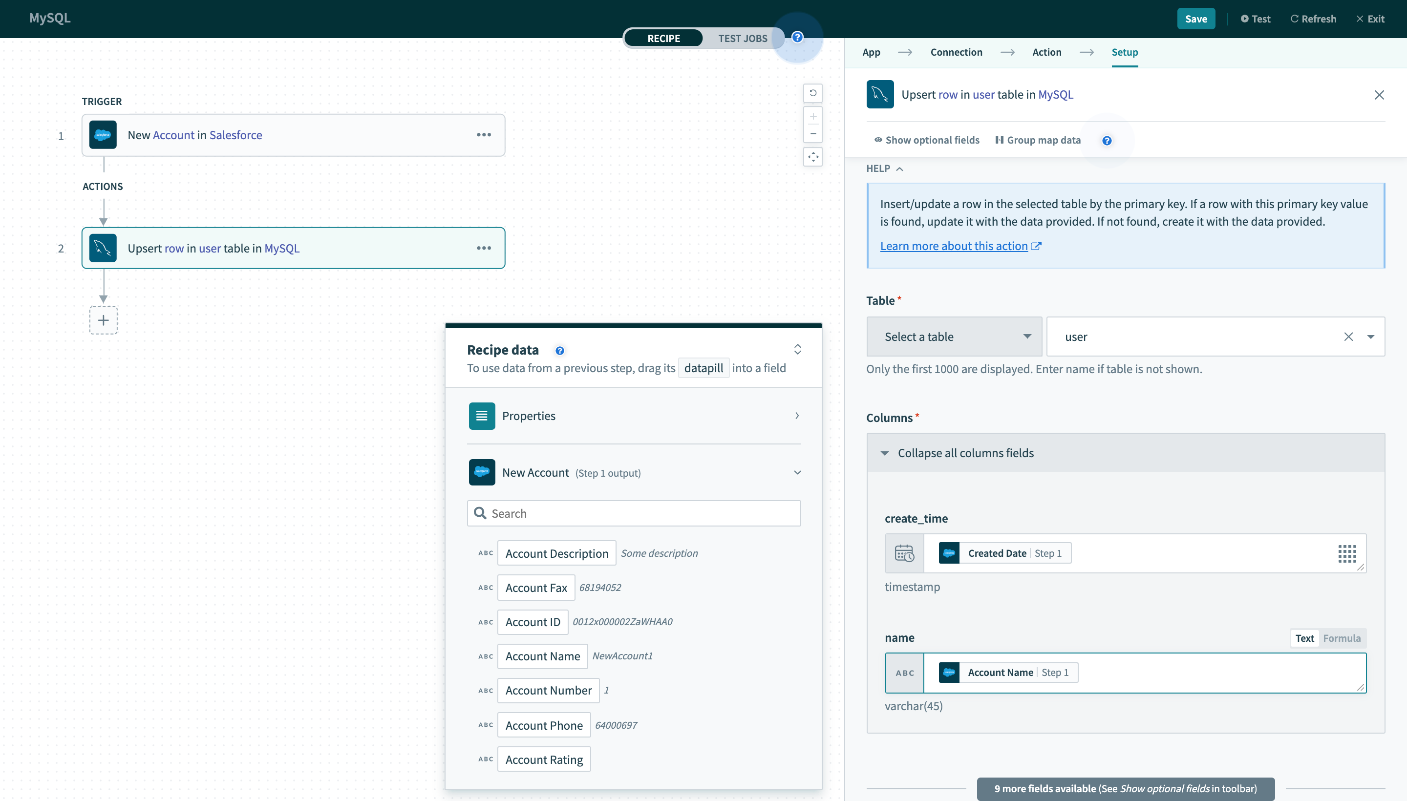 Upsert row (行のアップサート) アクション