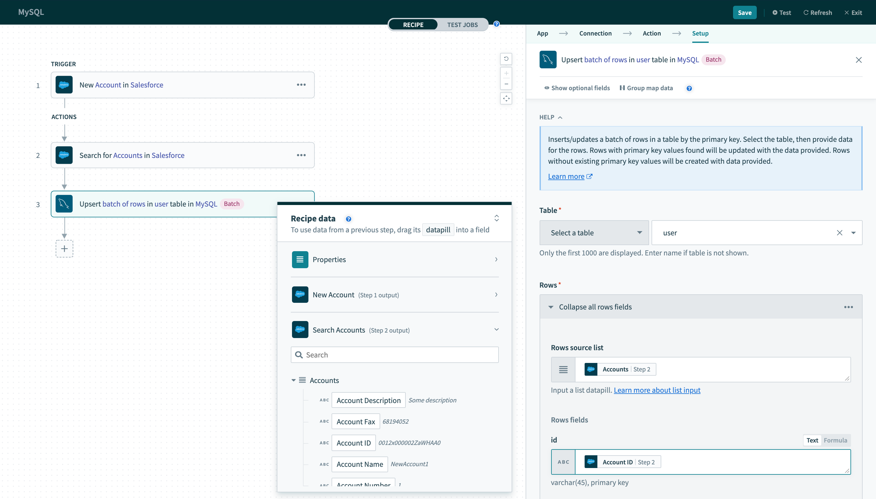 Upsert batch of rows アクション