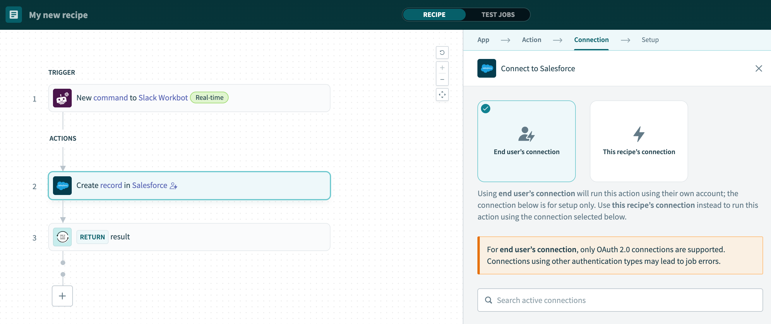 Configure runtime user connections in Workbot recipes