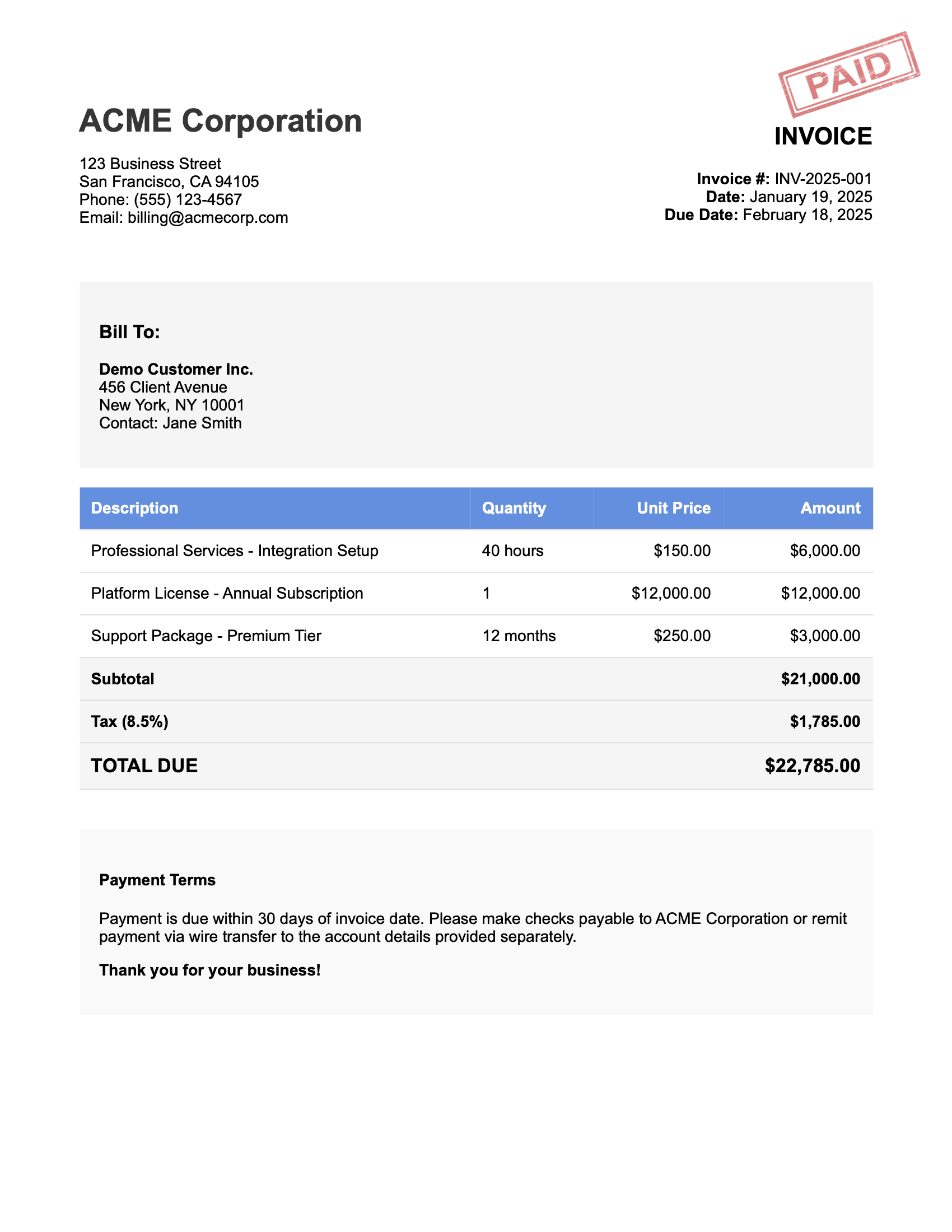 Stamped invoice