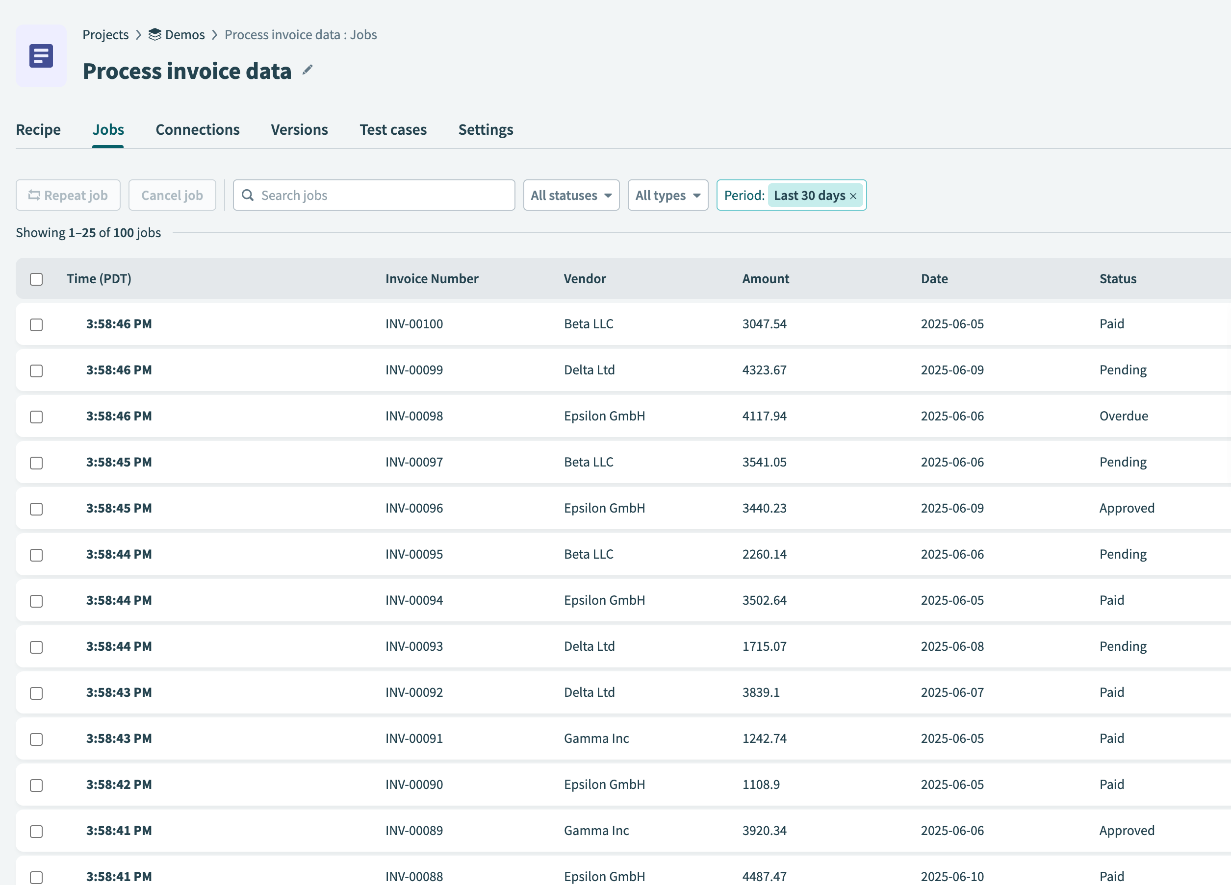 A recipe's Job report page, showing the list of jobs with their time, status, and other columns, plus job actions and filters above the table.