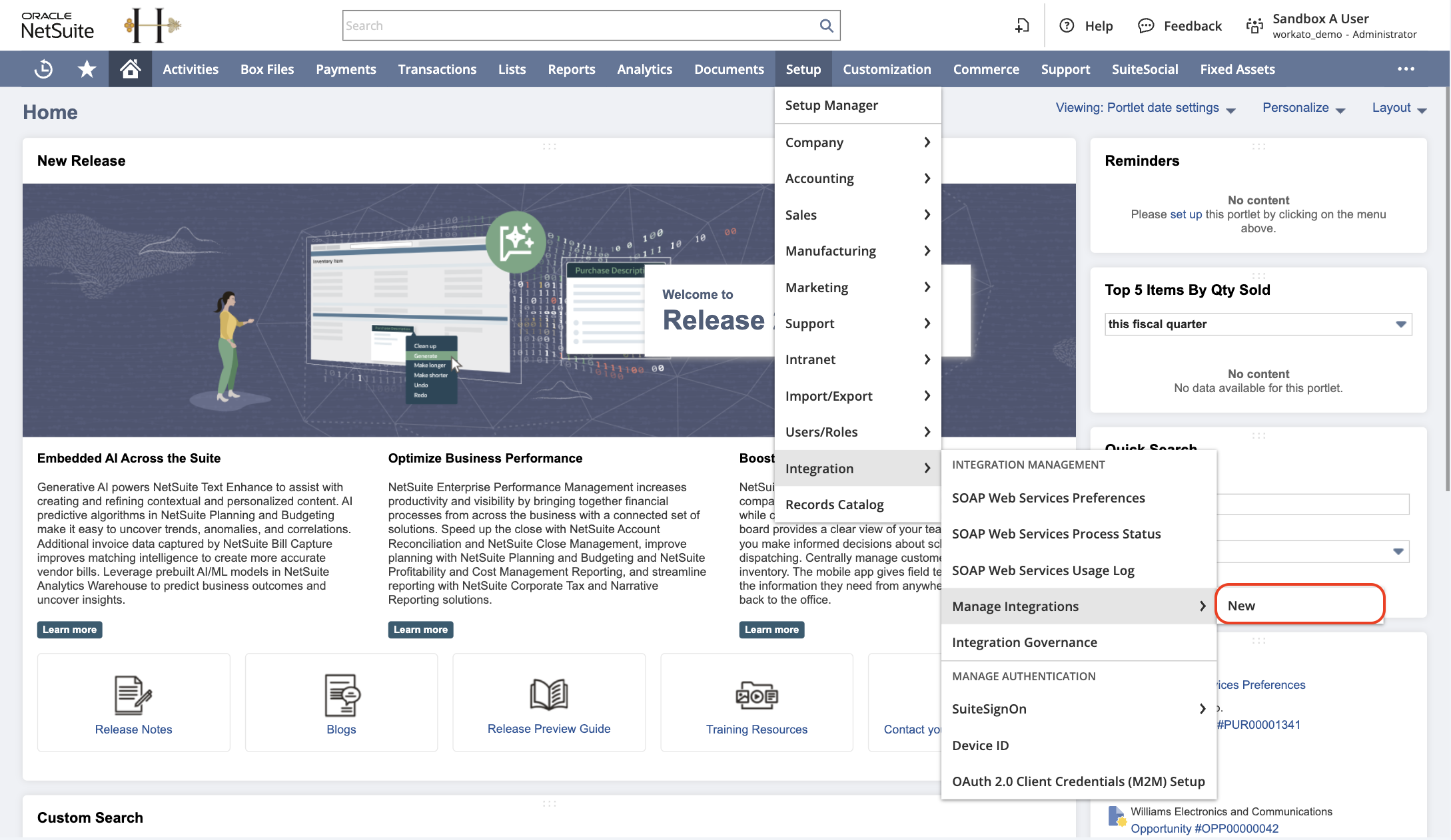 Go to Setup > Integration > Manage Integrations > New