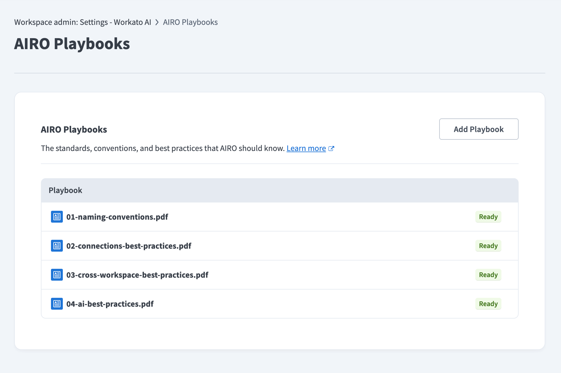 The AIRO Playbooks page