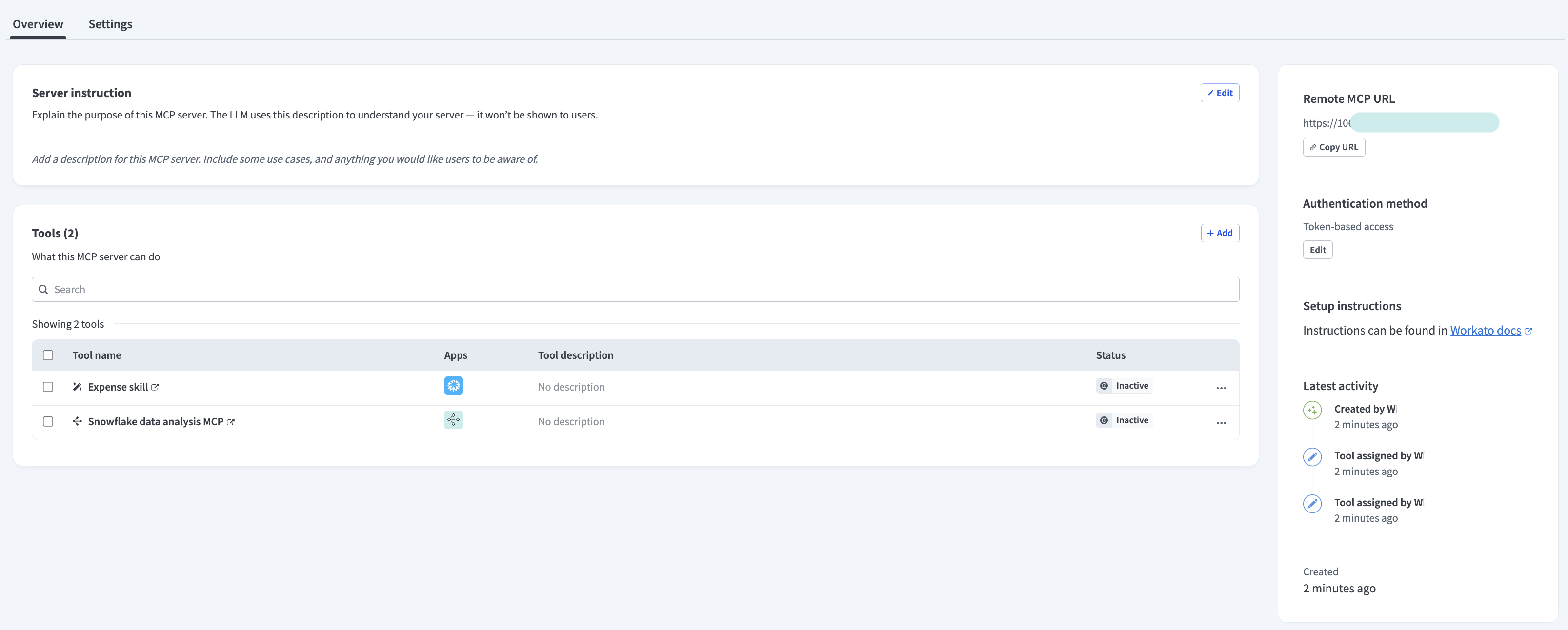 MCP server Overview tab