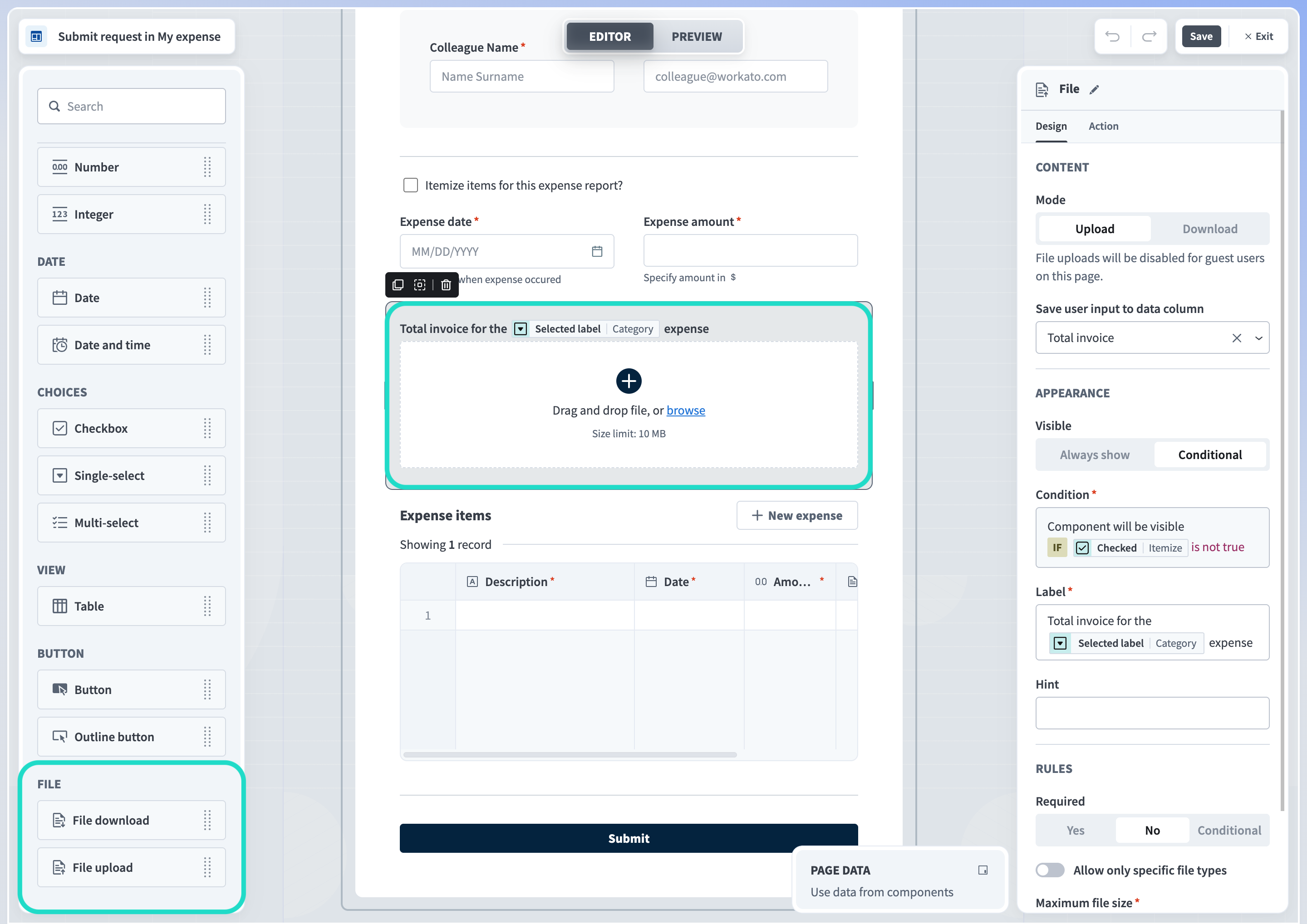 Upload/download file components