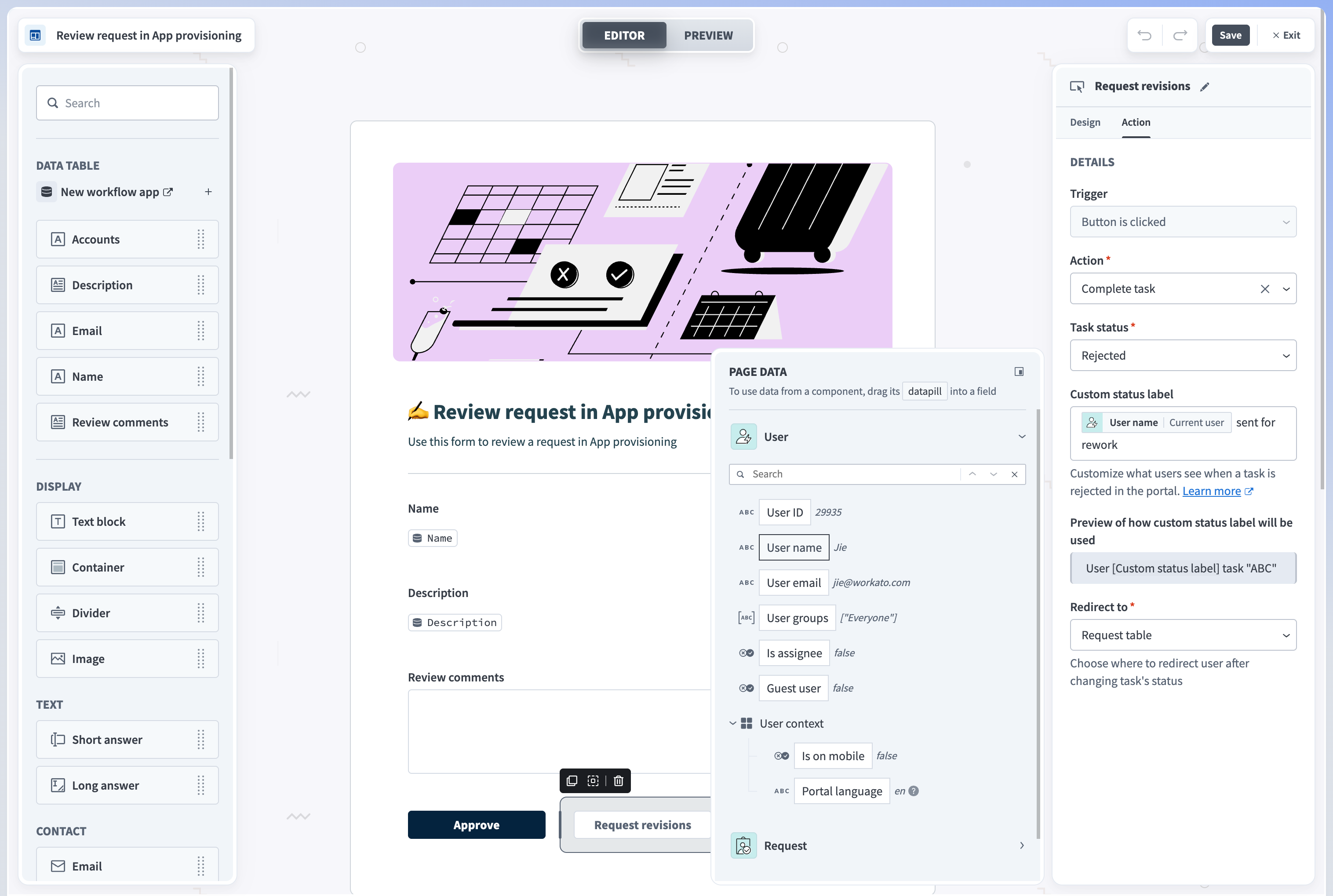 Button with complete task action and custom status label with datapill
