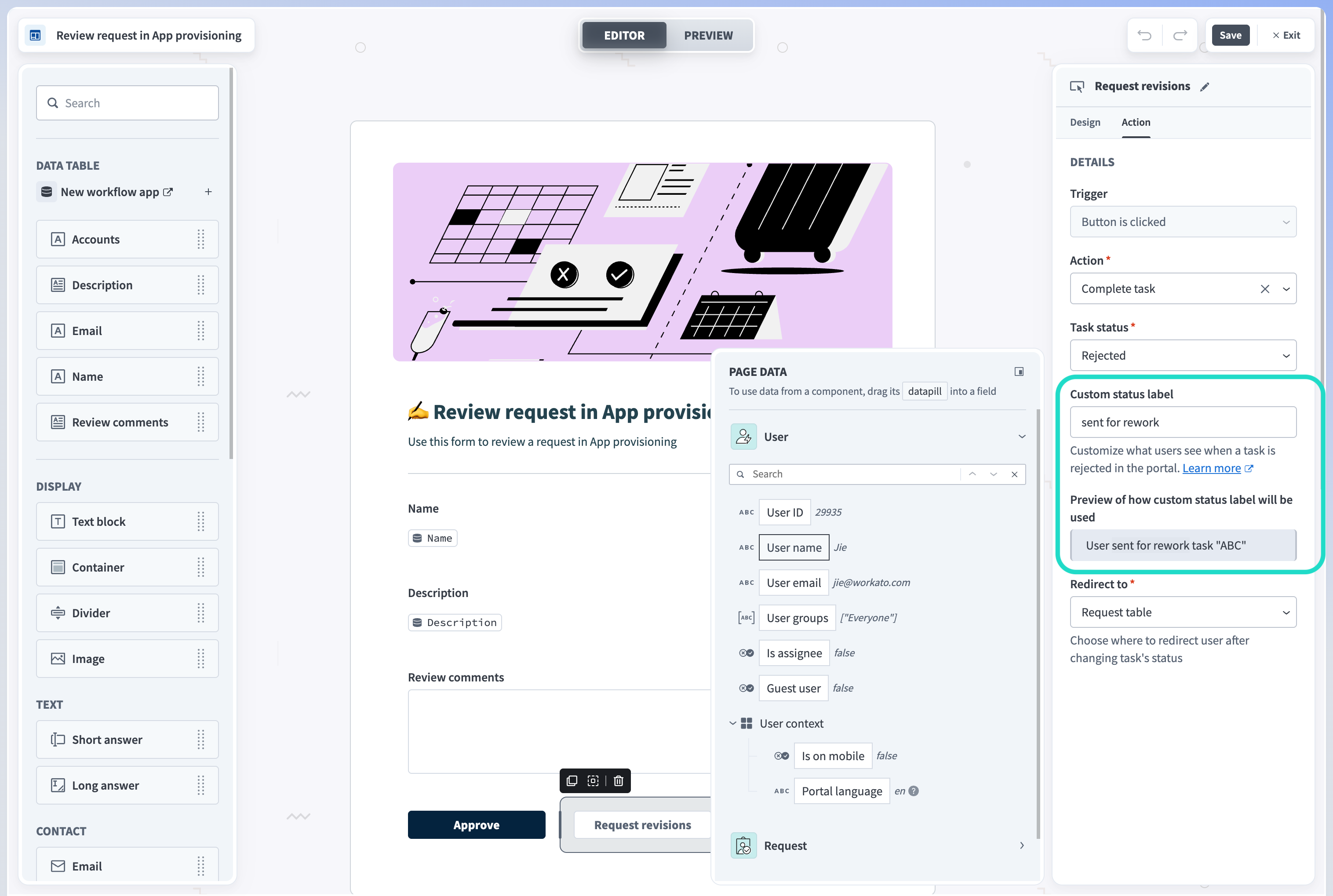 Button with complete task action and custom status label
