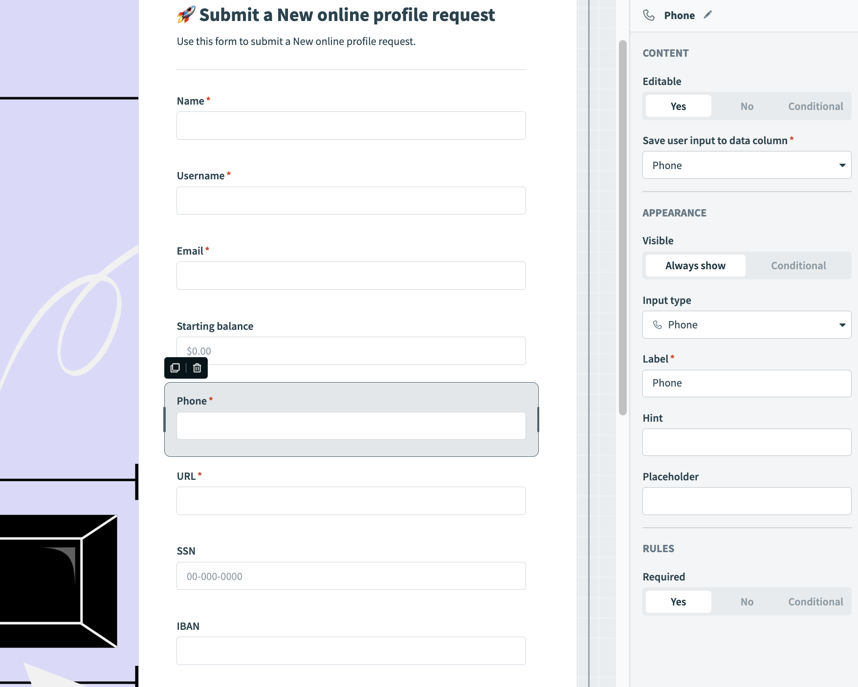 Phone component in page editor