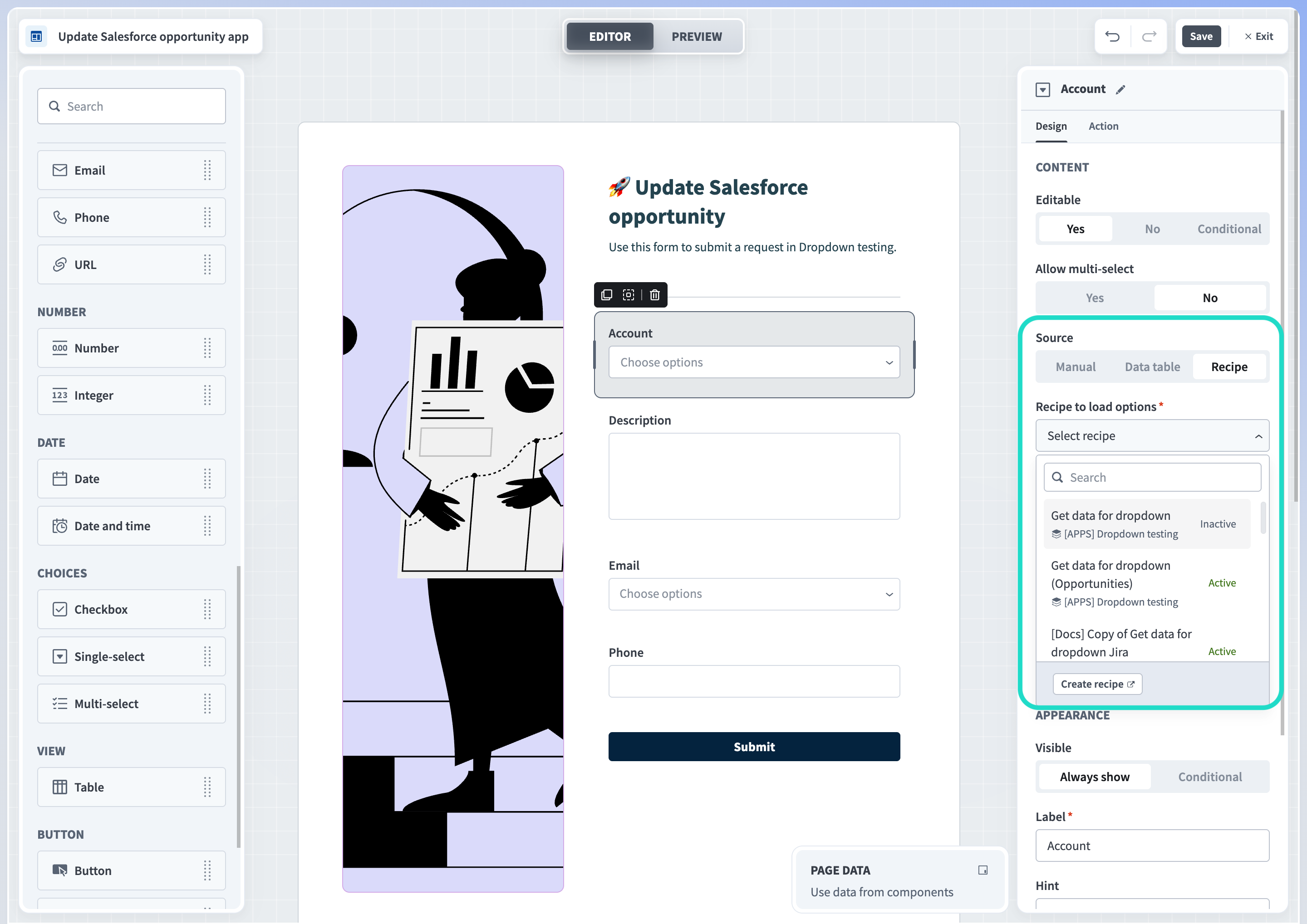 Select recipe as the data source
