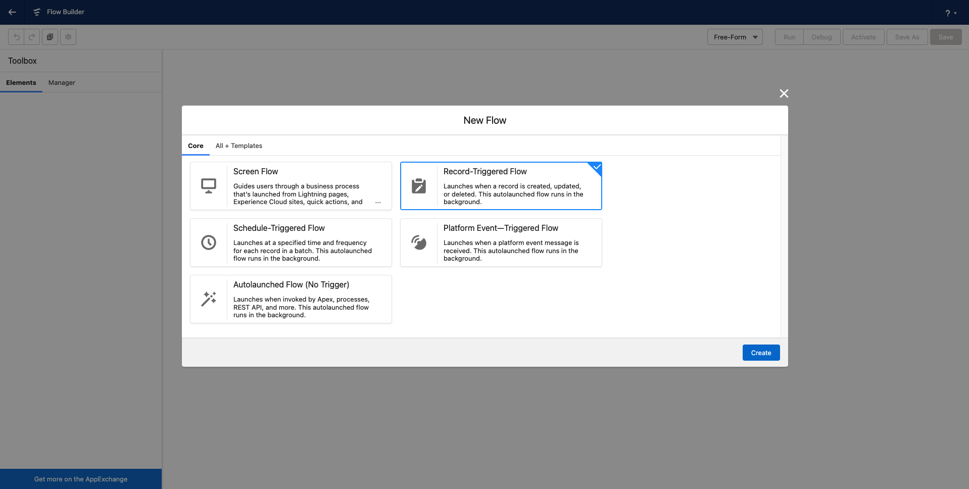 Salesforceでレコードトリガードフローを選択します