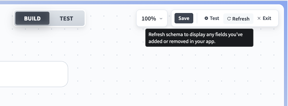 The Refresh control in the editor with a tooltip explaining it updates fields added or removed in your app
