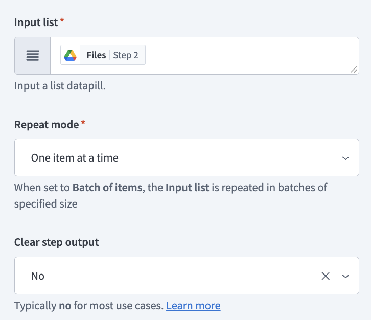 Set up the Repeat for each step