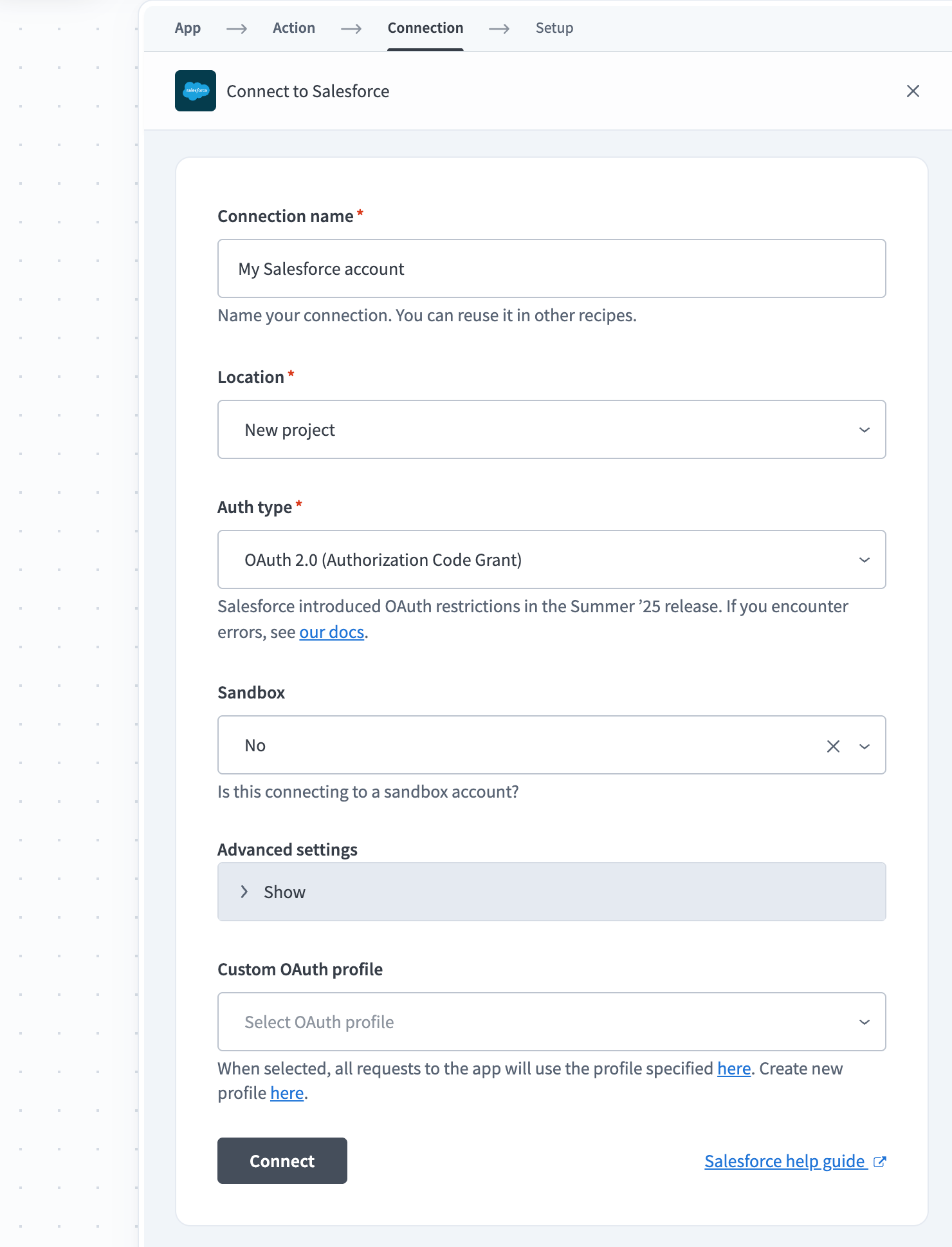 Salesforce connection parameters