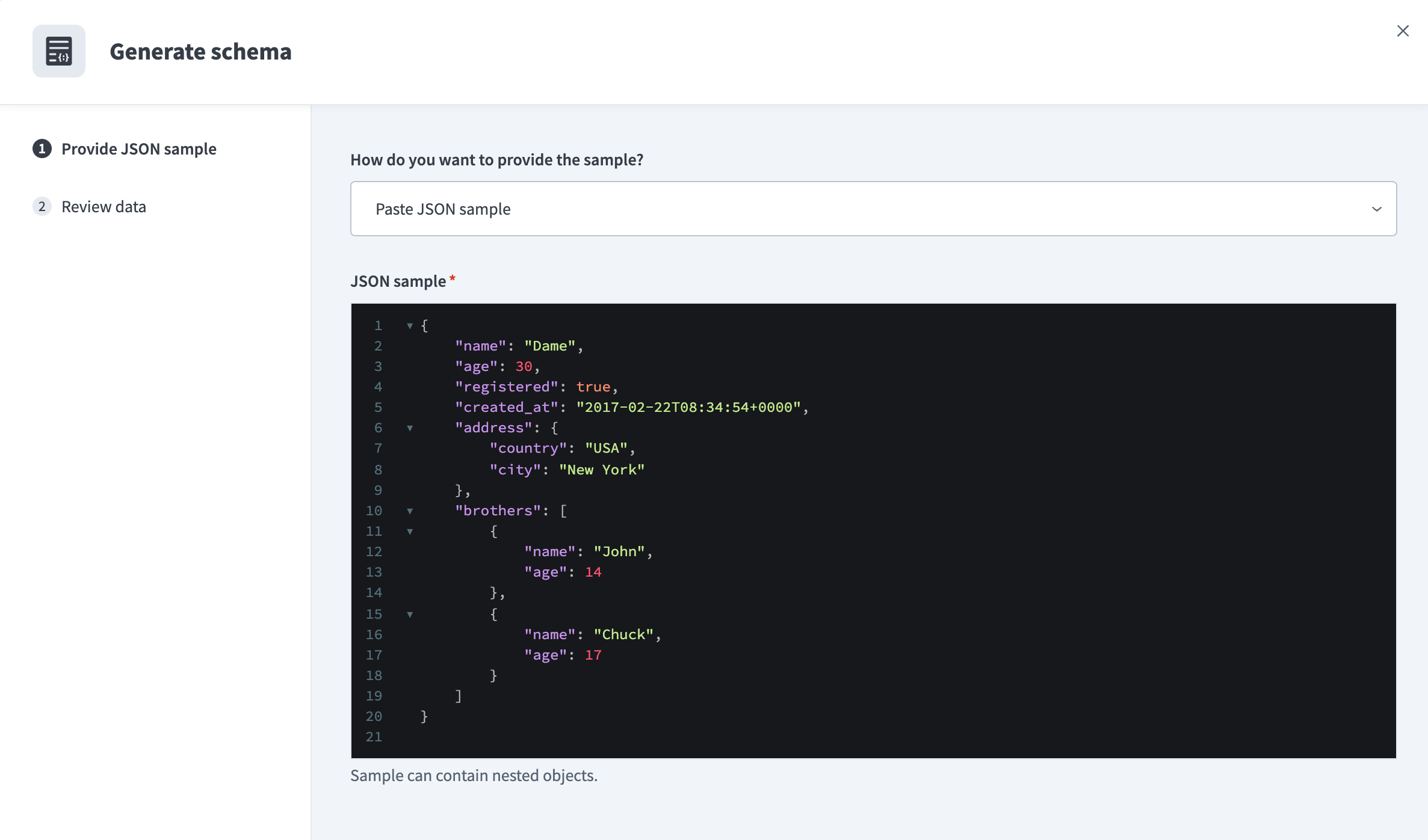 Sample JSON pop up