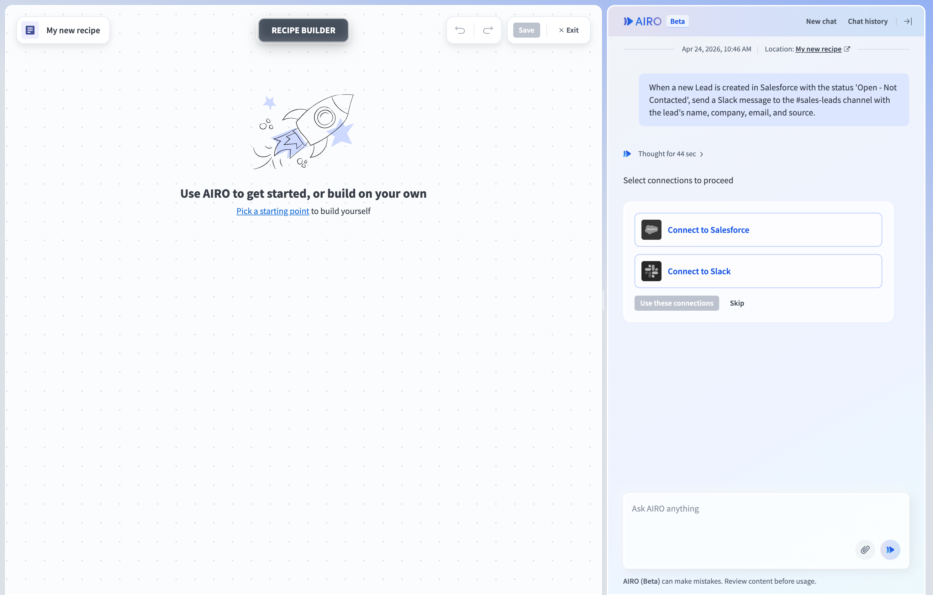 AIRO connection panel listing apps that require a connection