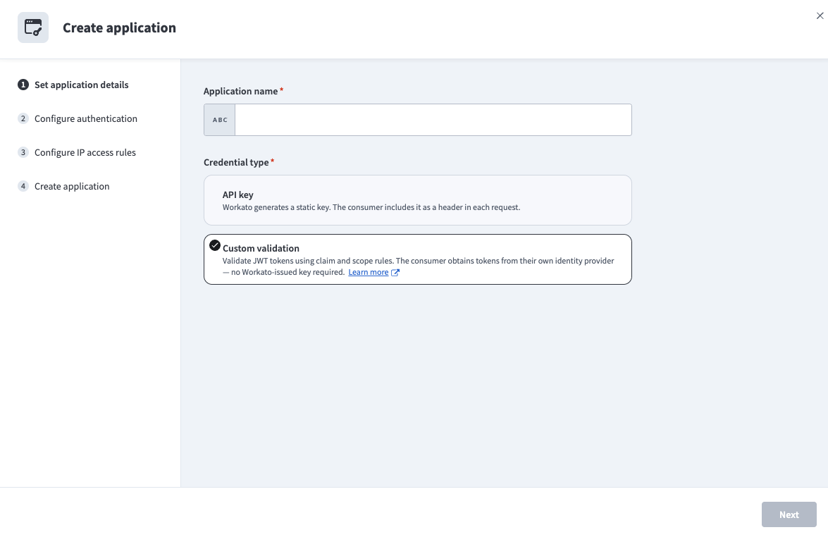 Select the Custom validation credential type
