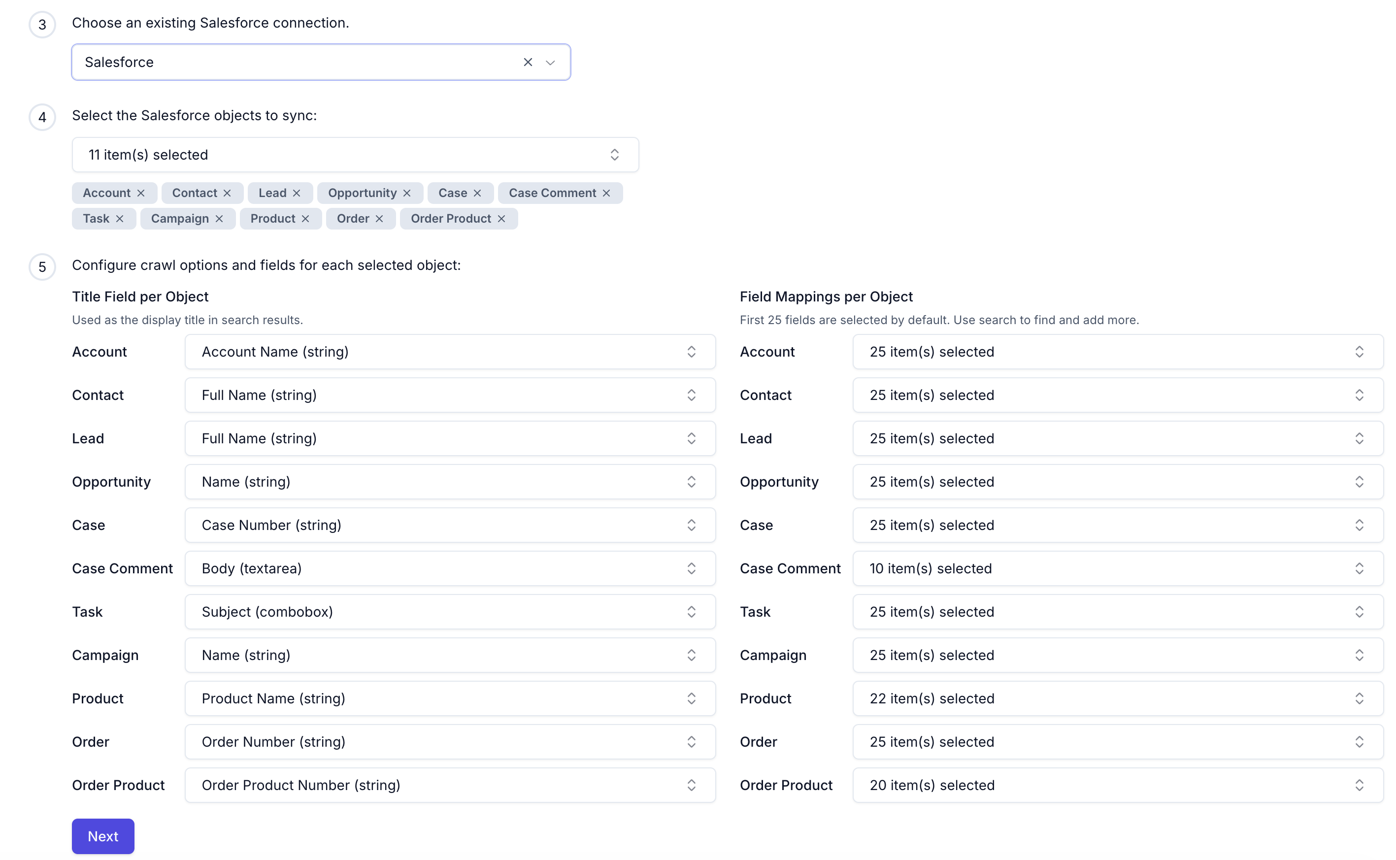 Select Salesforce objects to sync