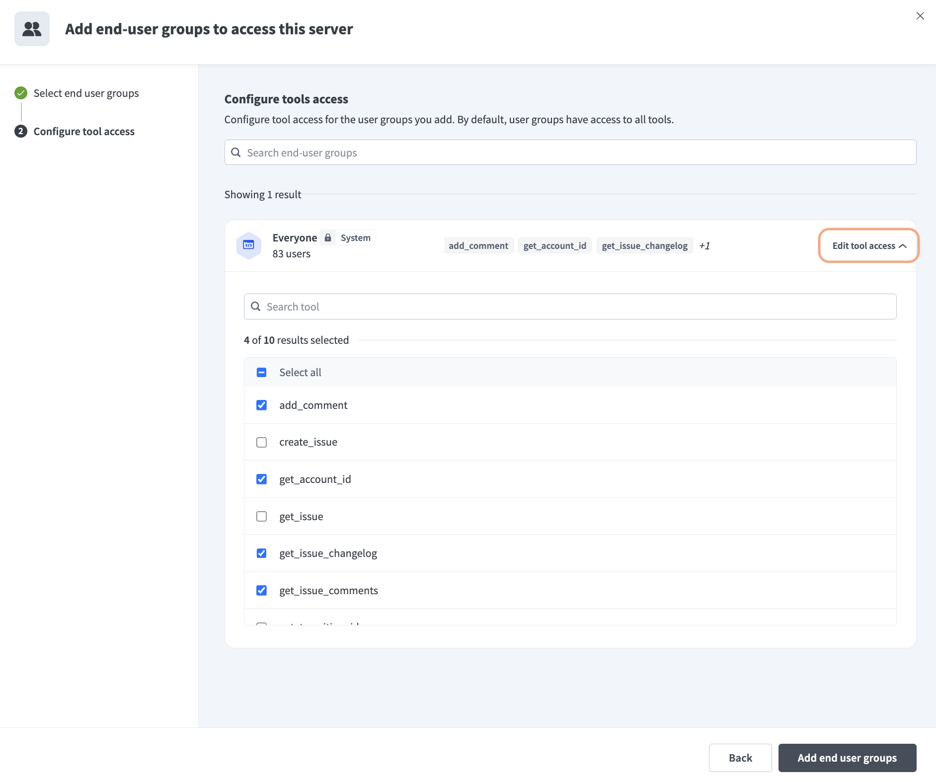 Select the checkboxes for the tools users are allowed to access