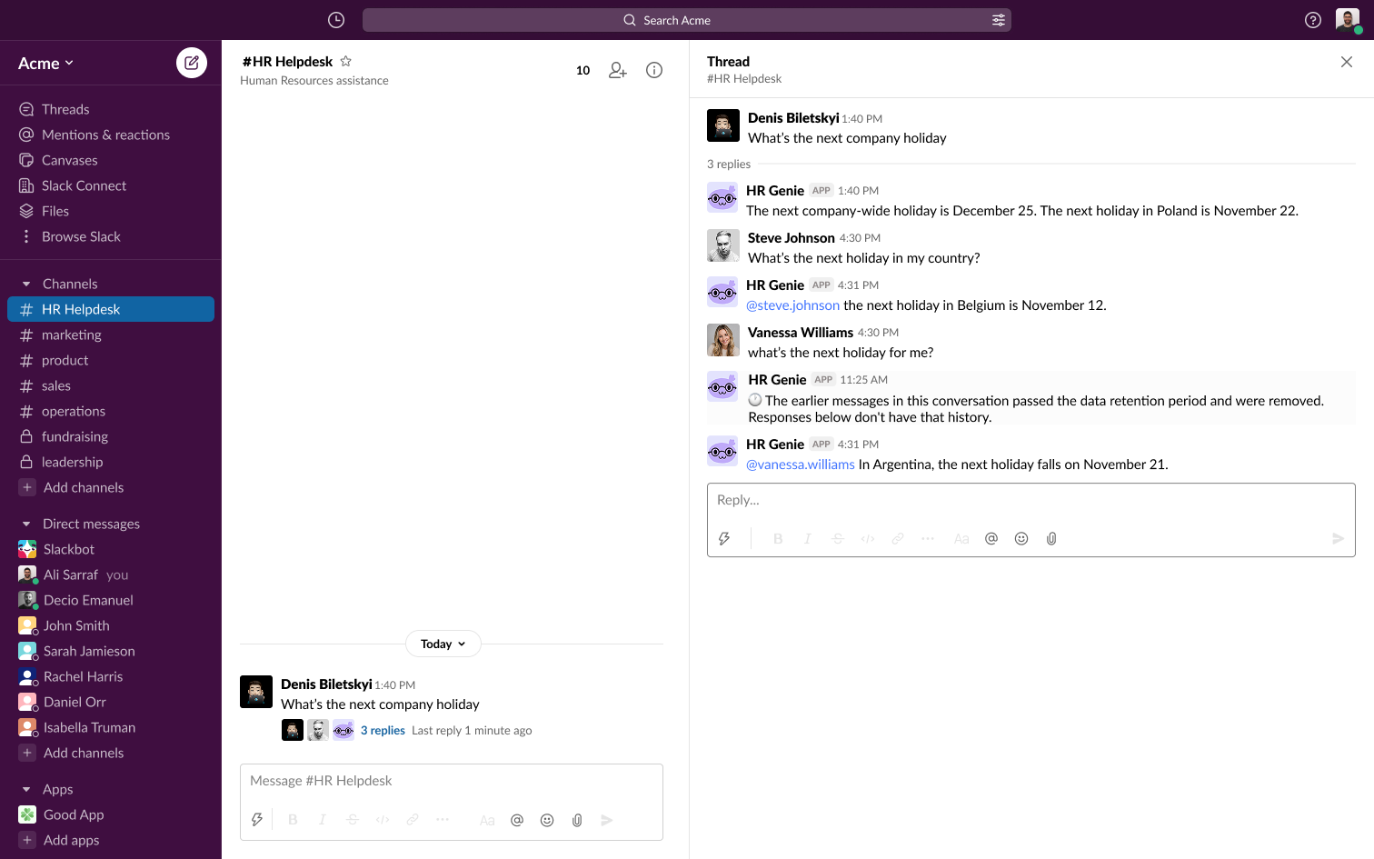 A Slack thread where the genie posts a notice that earlier messages passed the 90-day retention window and were removed