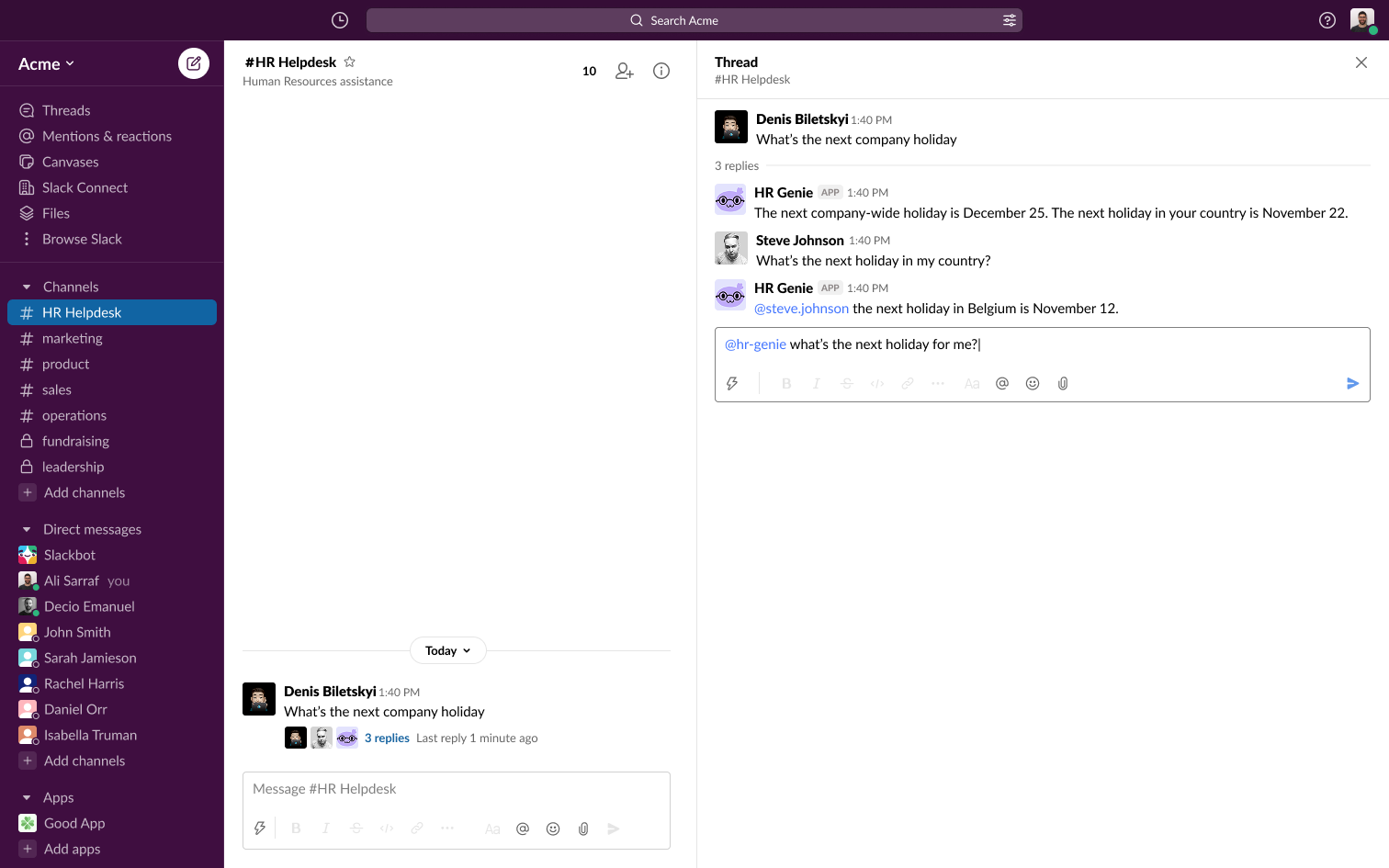 A Slack thread in the HR Helpdesk channel where the genie answers using the full conversation history