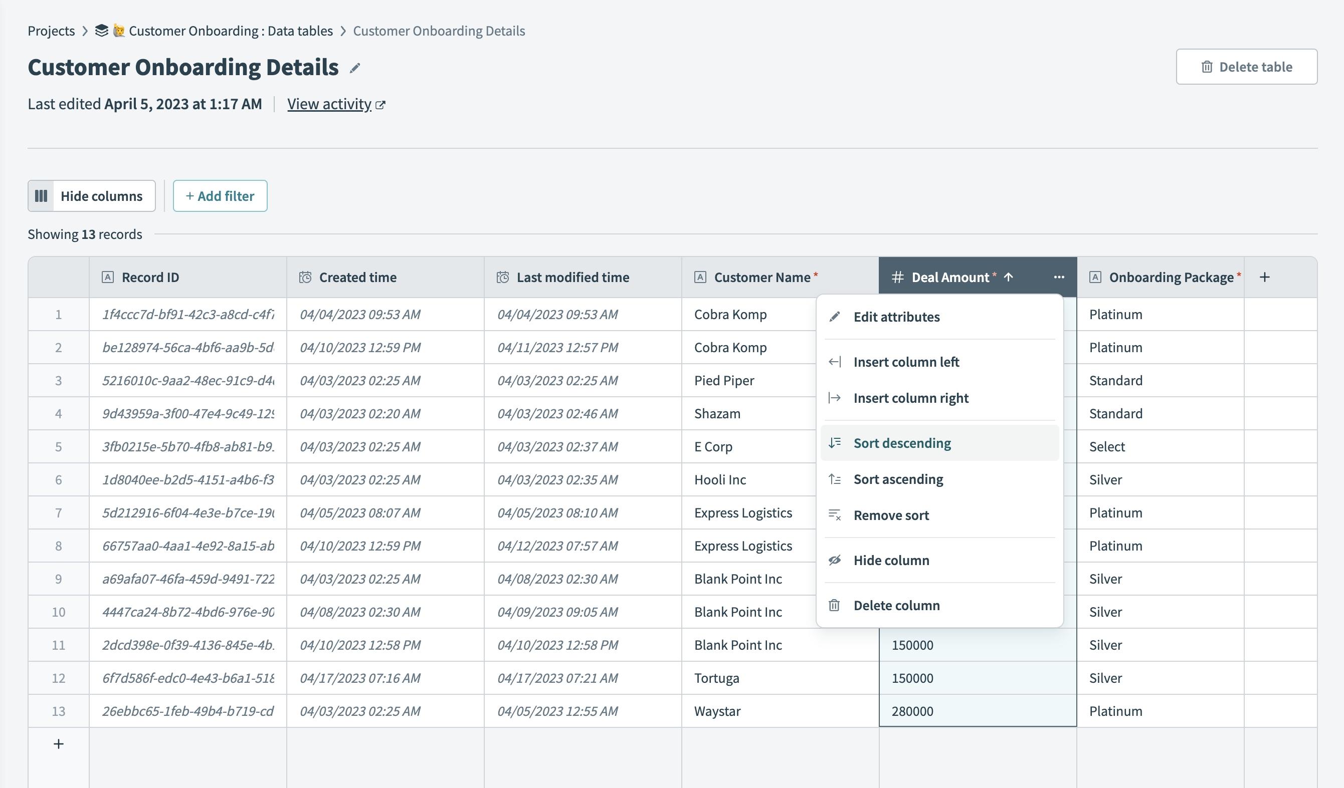 Data tables