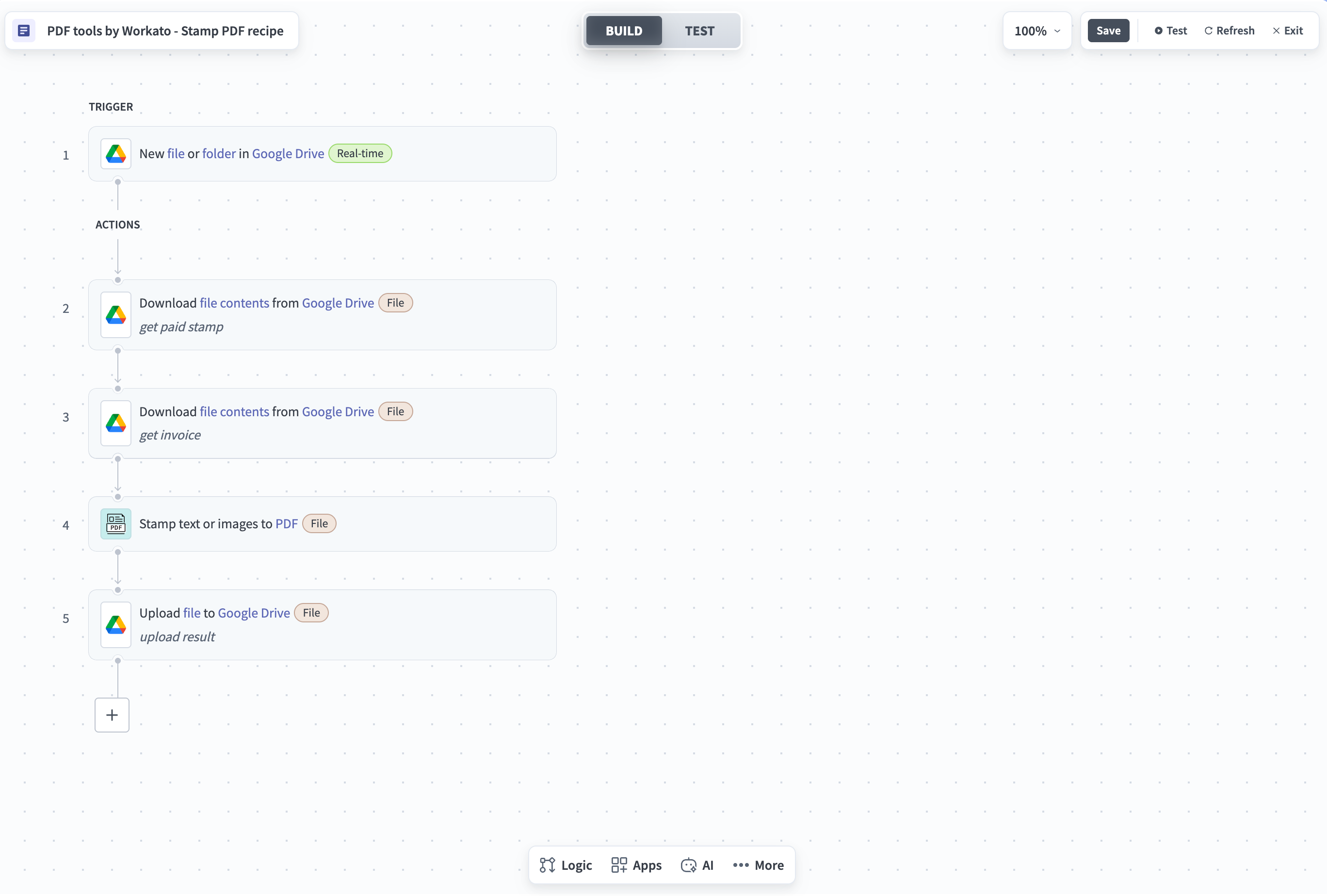 Stamp PDF recipe workflow