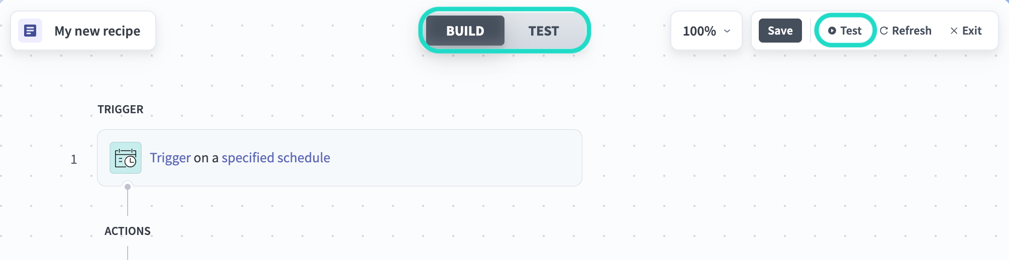 Test mode toggle and button in the recipe editor