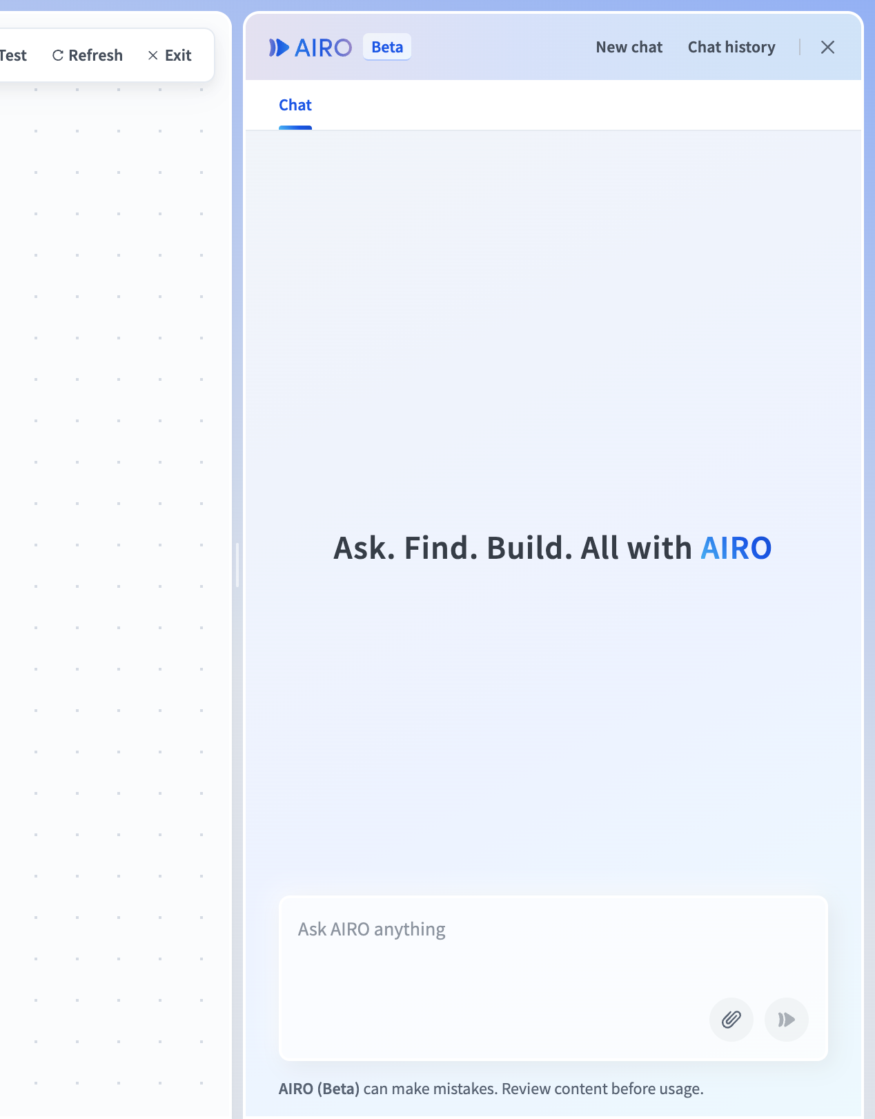 The AIRO panel open on the side of the recipe editor with a chat input