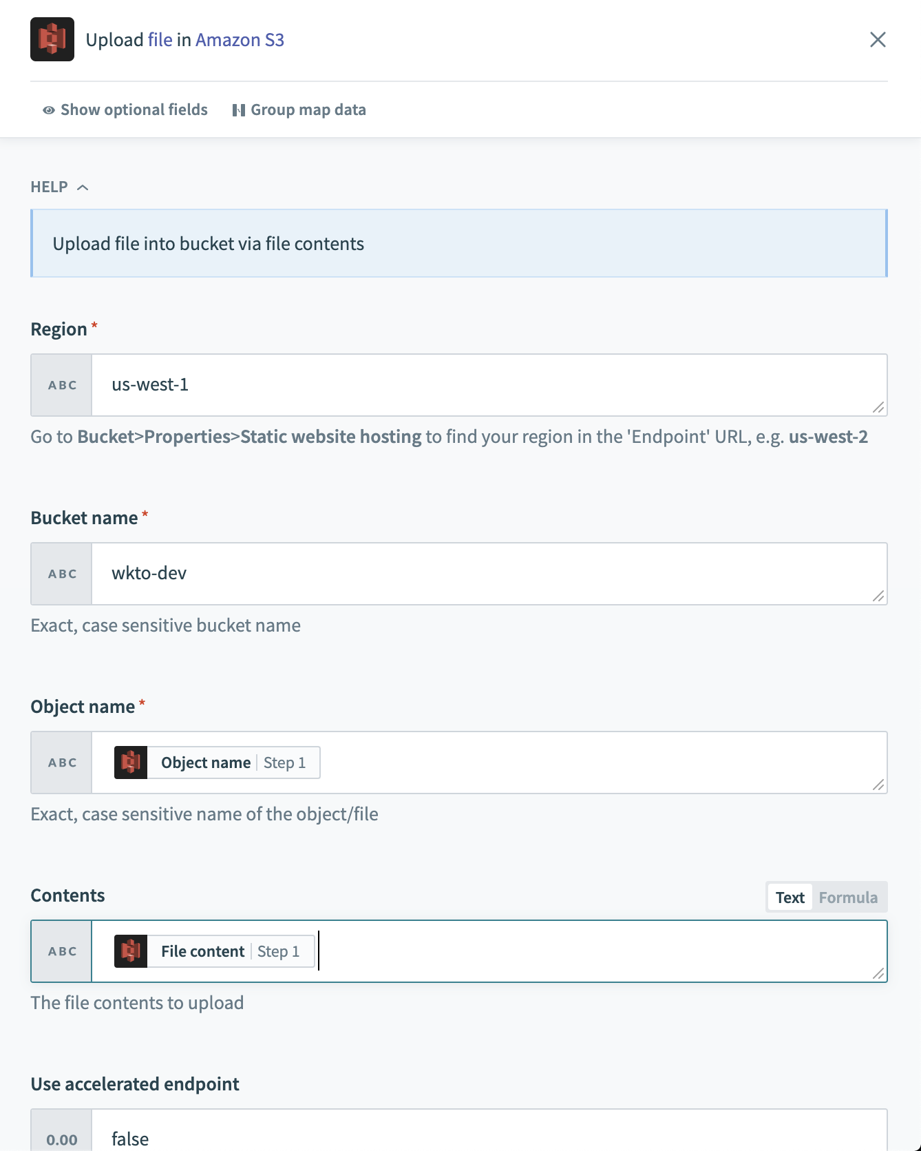 Amazon S3 - Upload file アクション