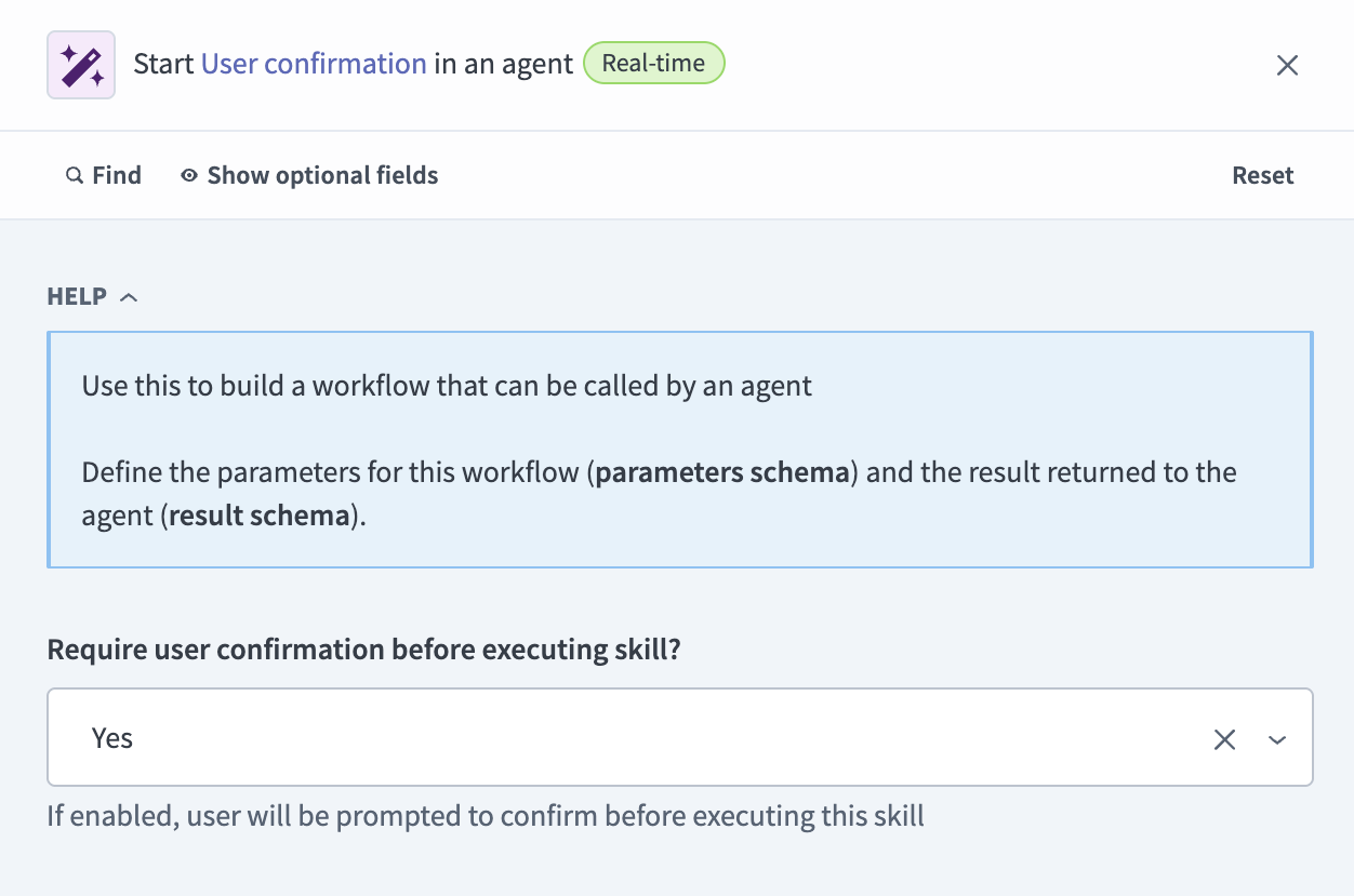 Use the Require user confirmation before executing skill? drop-down menu